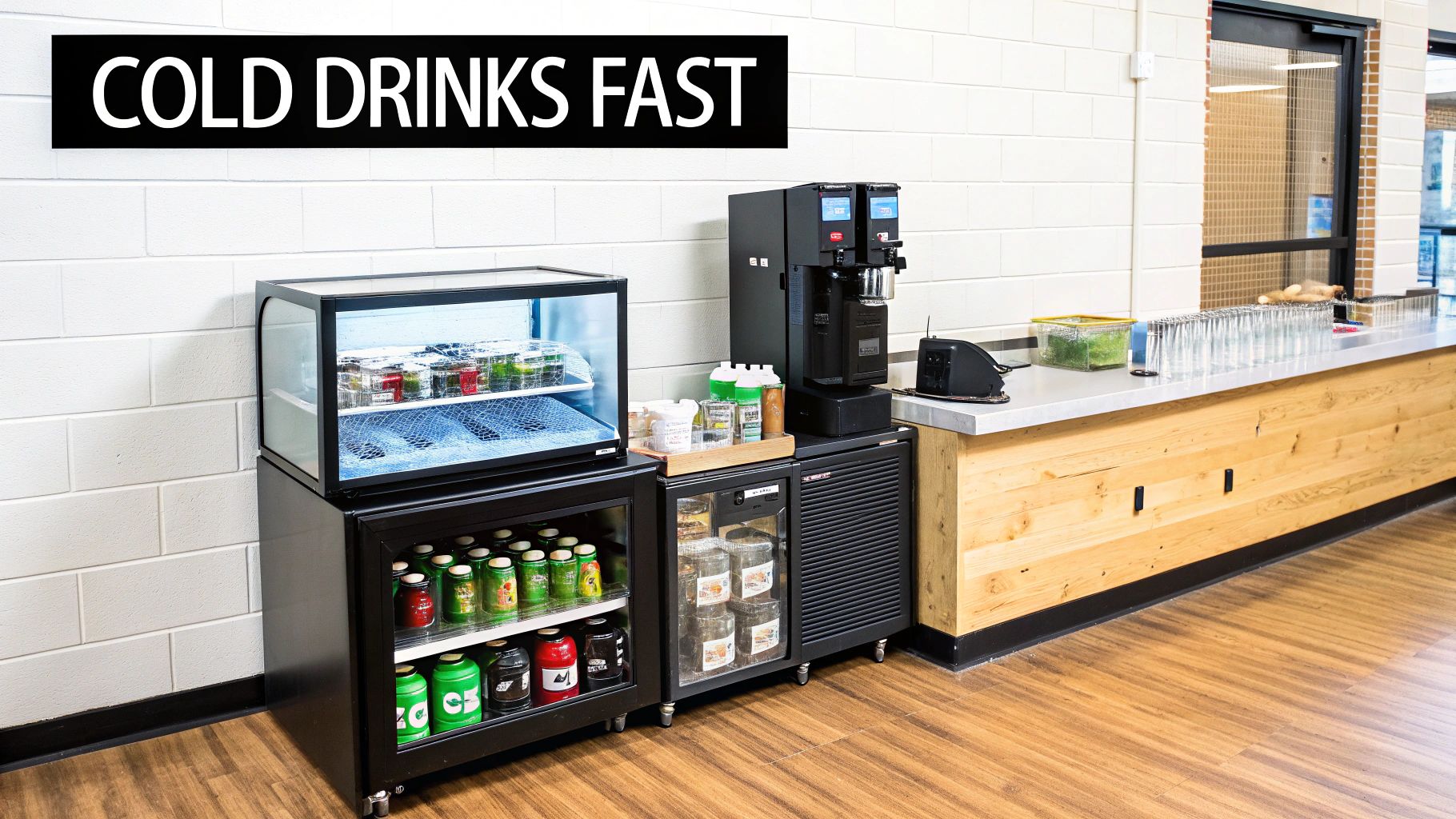 A self-serve cold drink station with coolers, a beverage dispenser, and glasses on a counter.