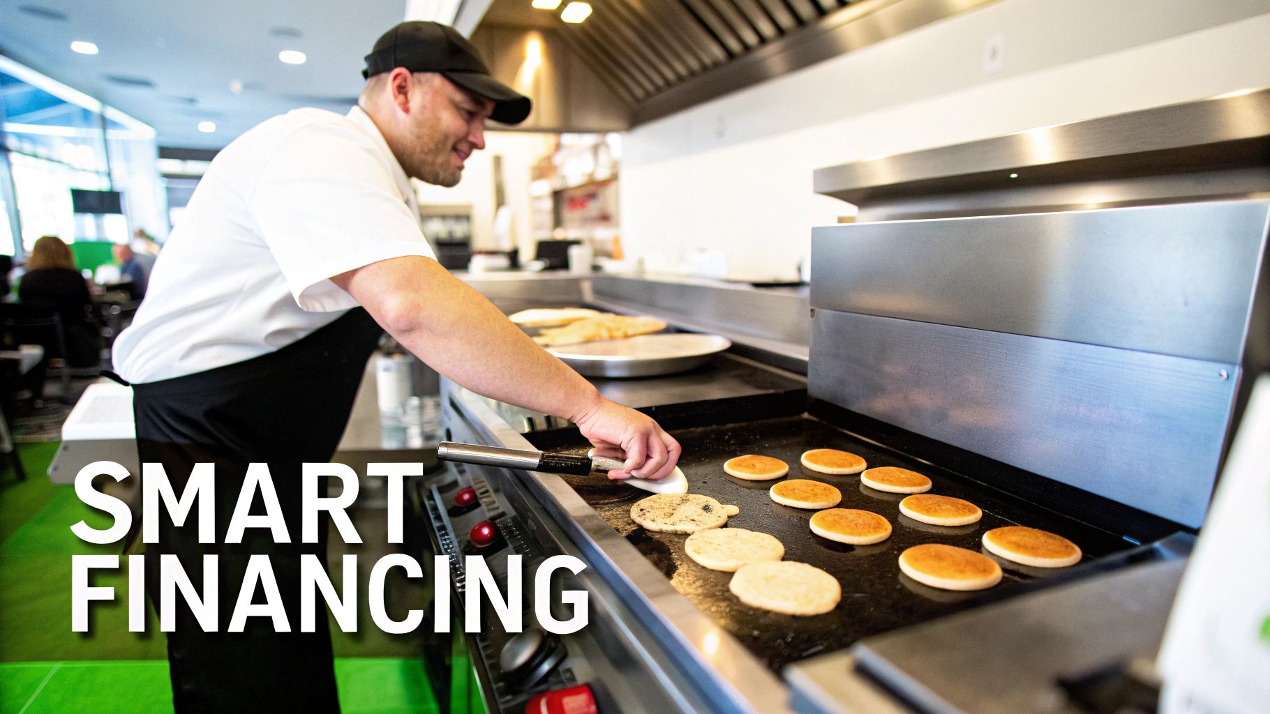 A smiling male chef in a commercial kitchen cooks pancakes on a griddle with a spatula.