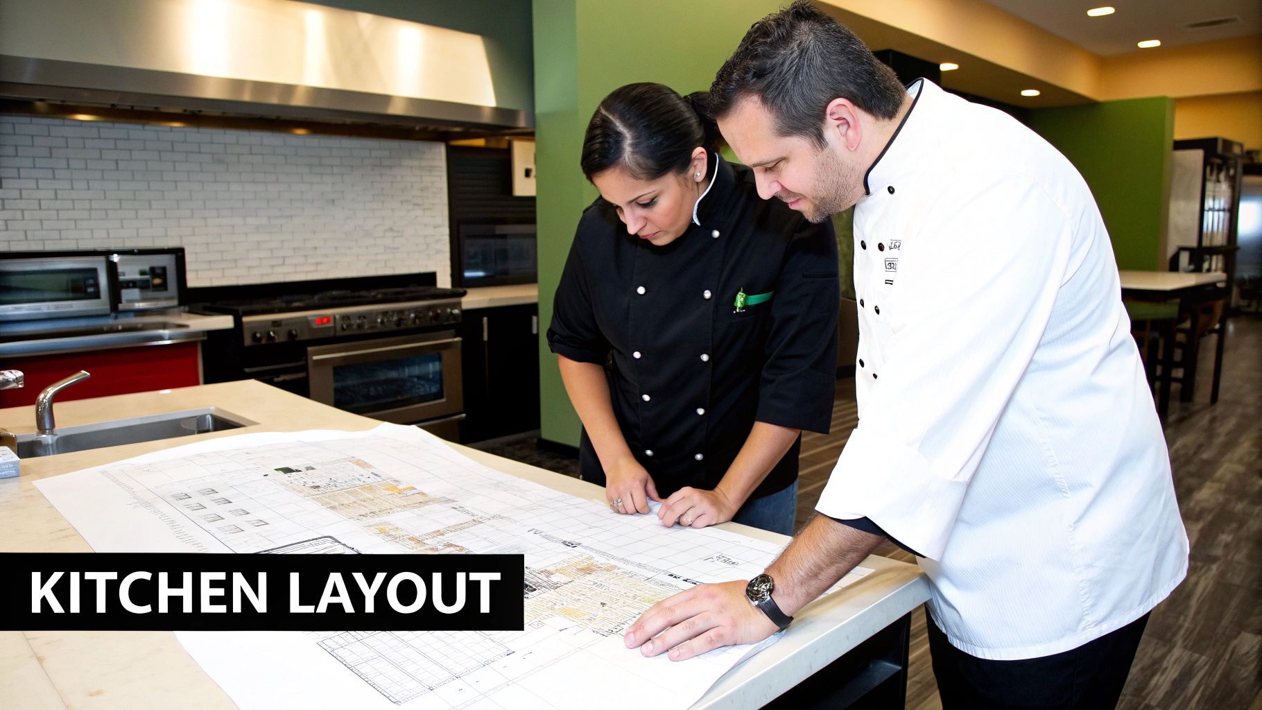 Two chefs, a man and a woman, review kitchen layout blueprints on a counter in a professional kitchen.