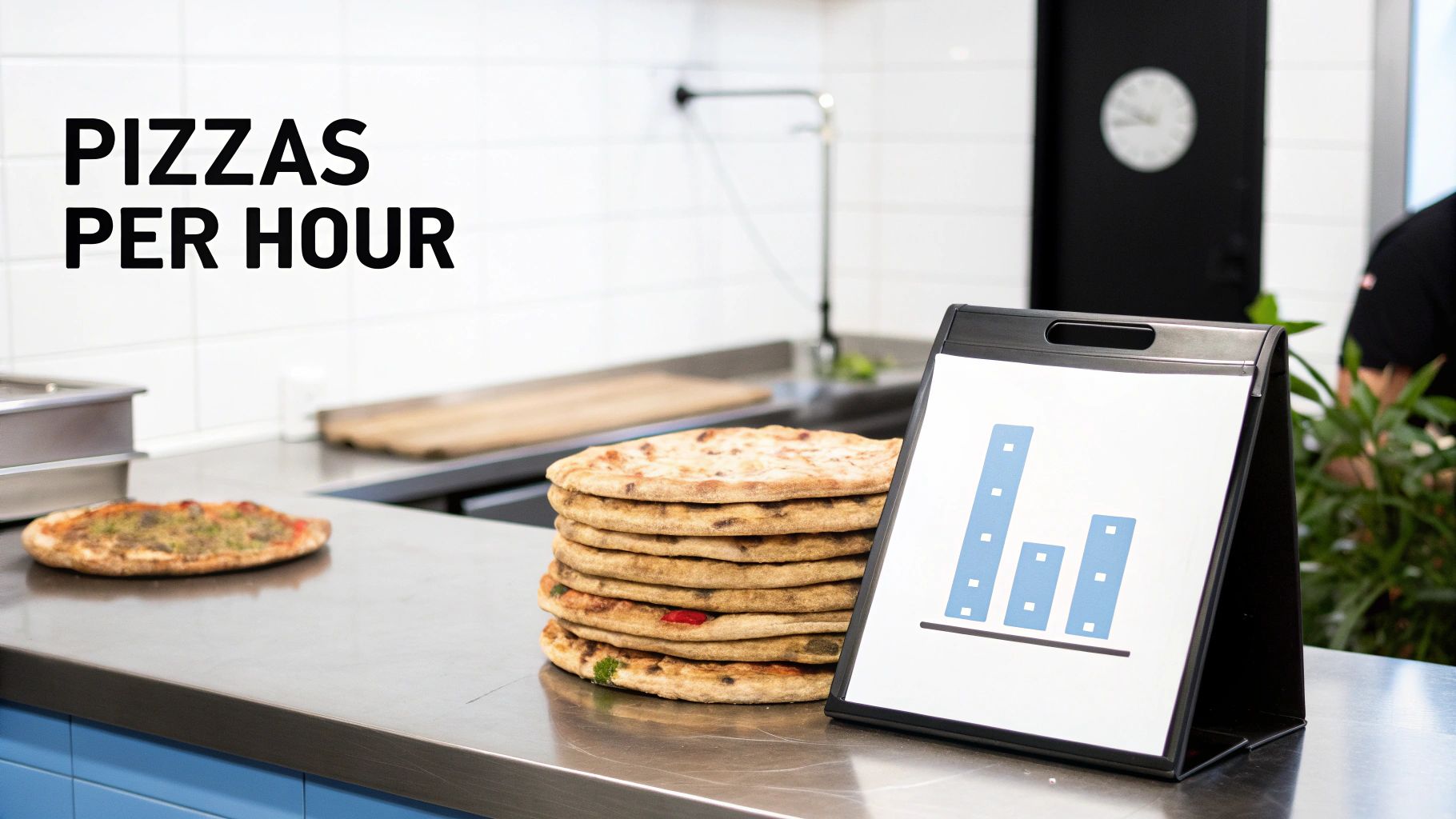 A commercial kitchen scene with a 'PIZZAS PER HOUR' sign, stacked flatbread pizzas, and a bar chart.