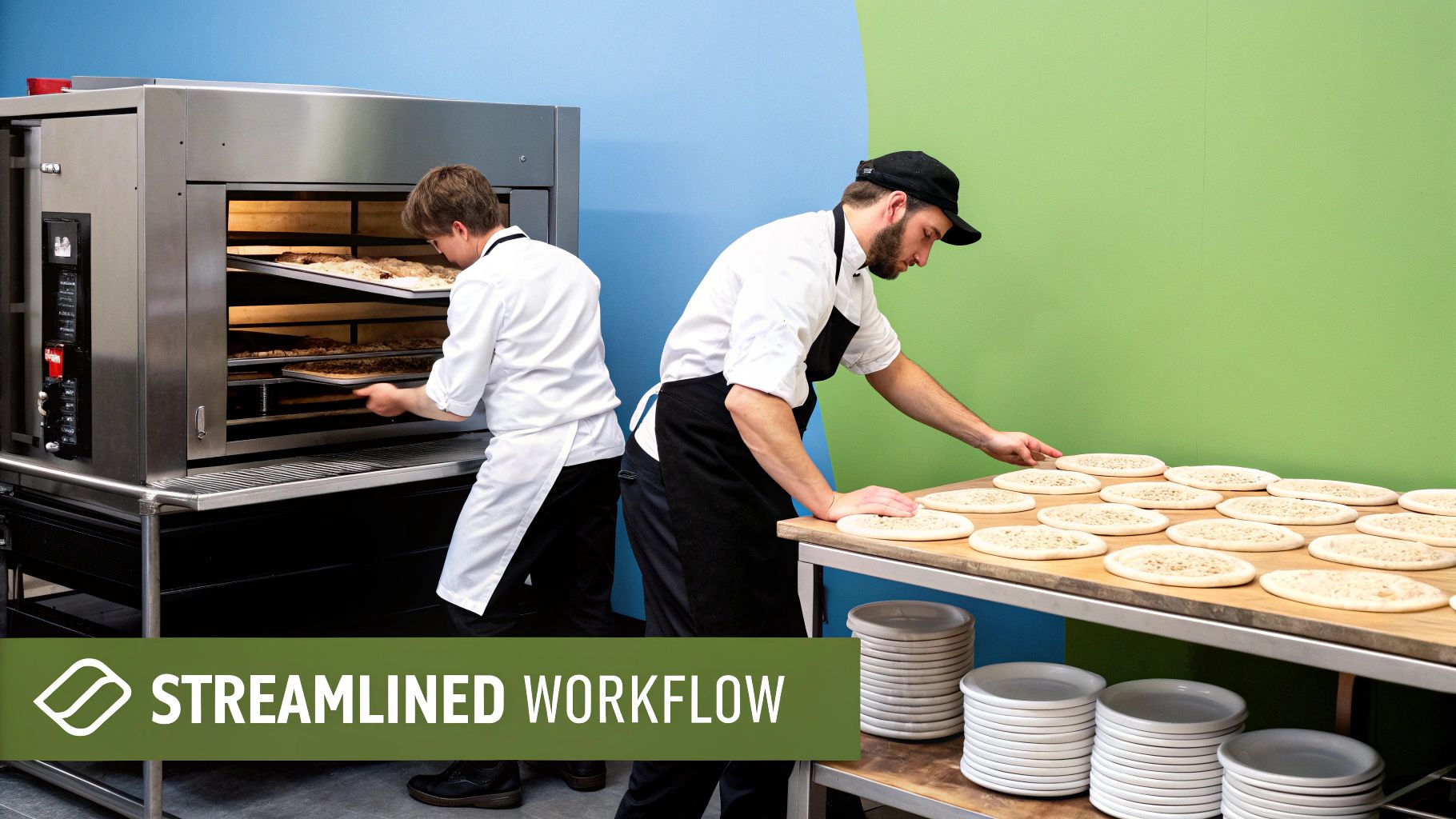 A chef's hands are seen sprinkling toppings on a pizza, with a well-organized prep table in the background.