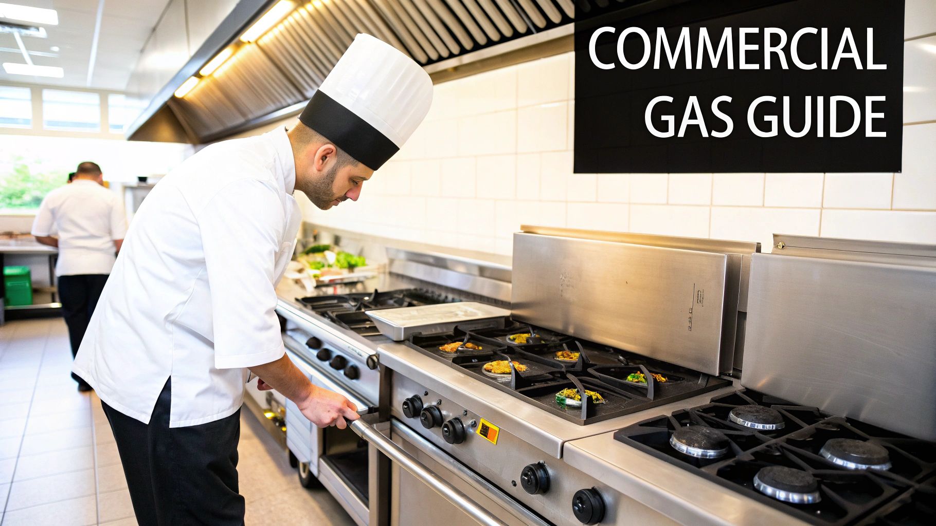 A chef in a commercial kitchen inspects a large gas range and oven with food cooking.