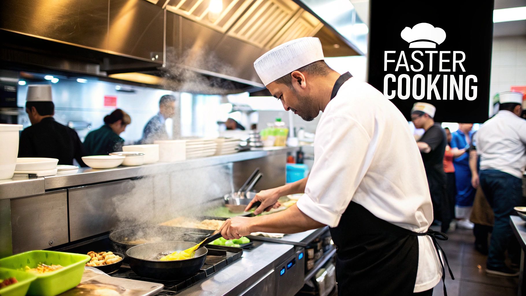 A modern commercial kitchen with multiple stainless steel deep fryers lined up.