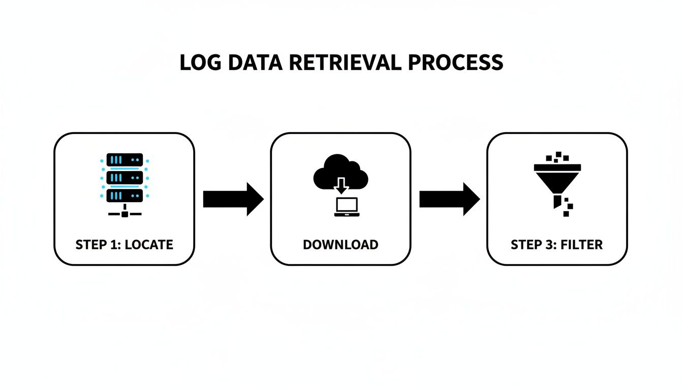 A diagram illustrating the log data retrieval process with steps: locate, download, and filter.