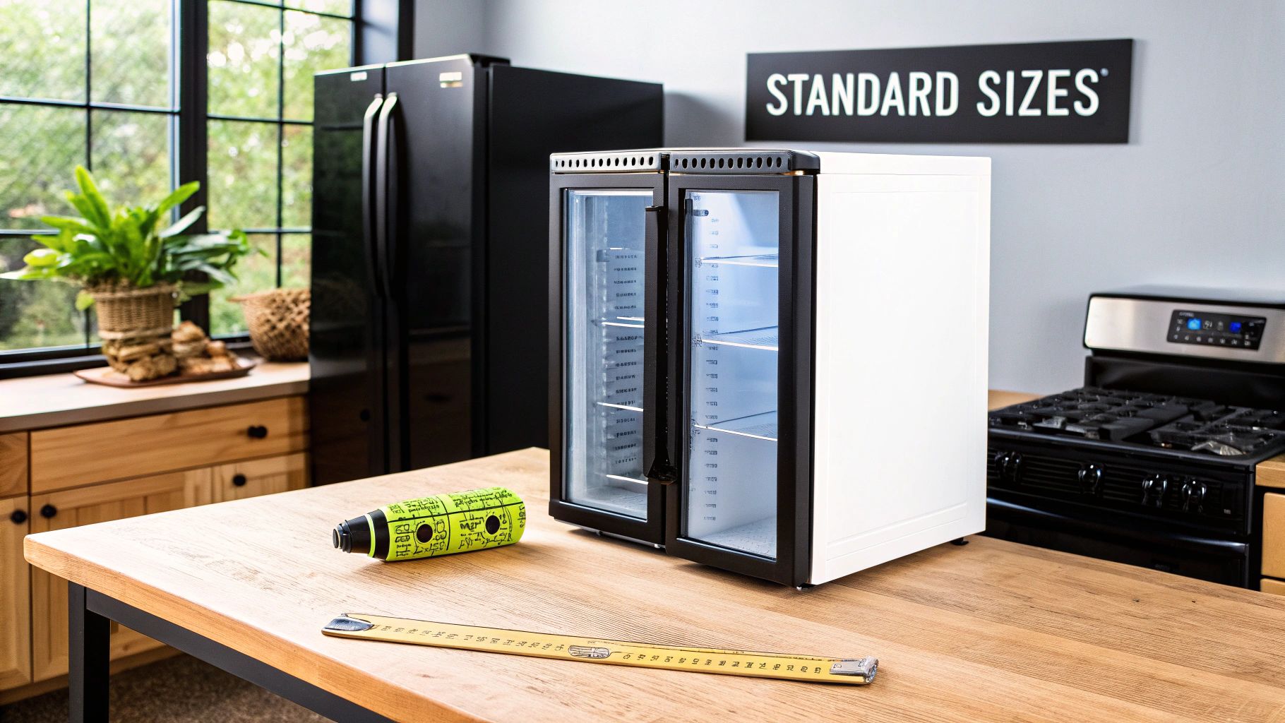 White under-counter fridge with glass doors in a modern kitchen, with measuring tape on the wooden counter.