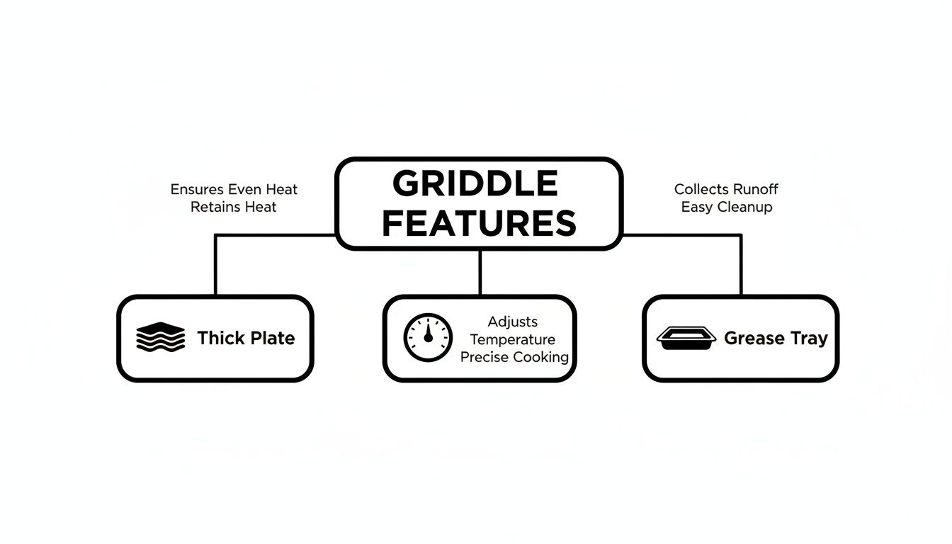 A diagram illustrating griddle features: thick plate for even heat, temperature control for precise cooking, and a grease tray for easy cleanup.