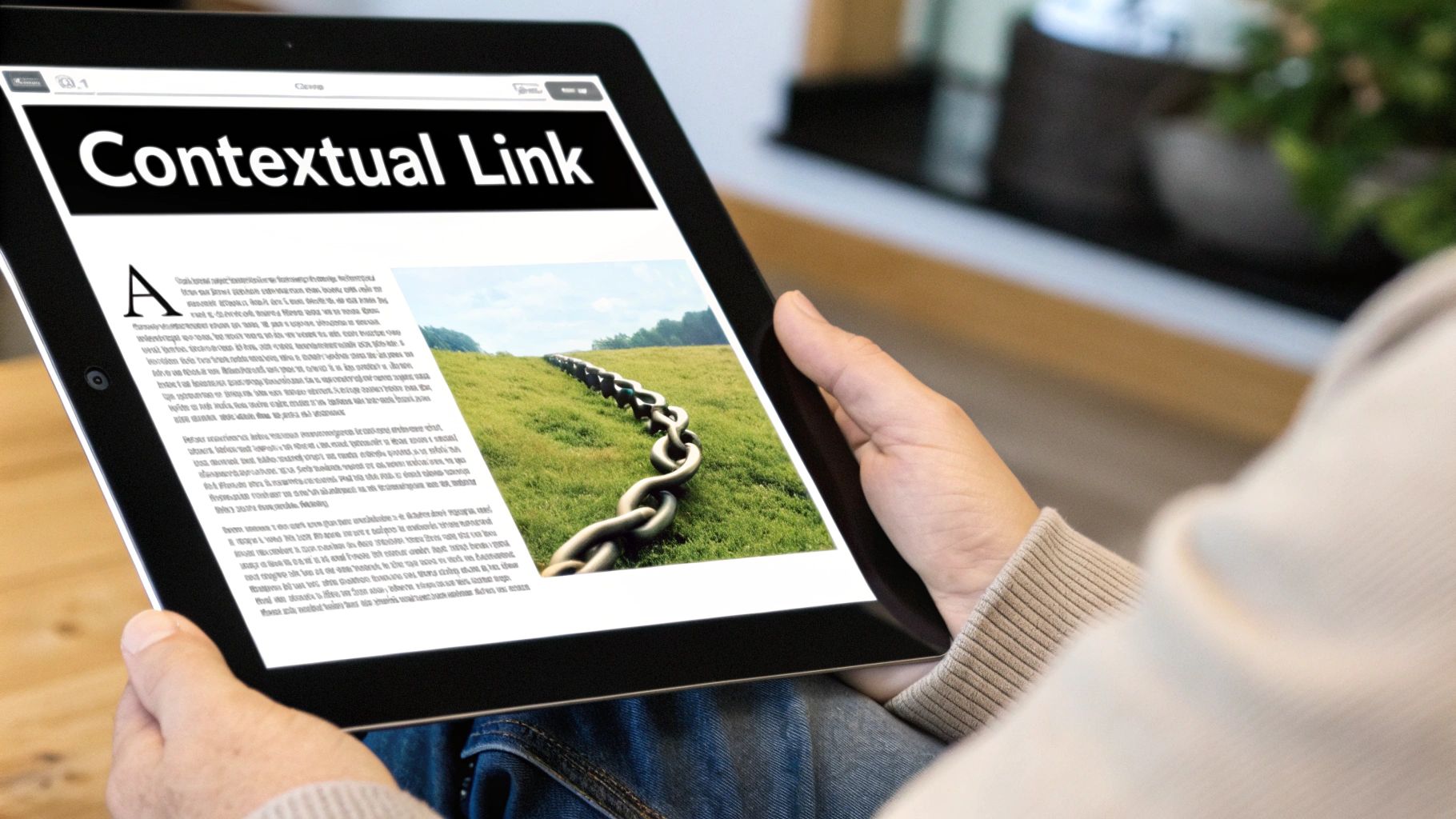 Person holding tablet displaying contextual link article with chain image connecting content for SEO strategy