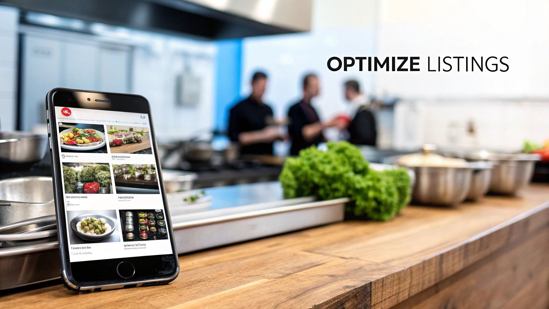 Smartphone displaying food listings on a counter in a commercial kitchen, emphasizing optimization.