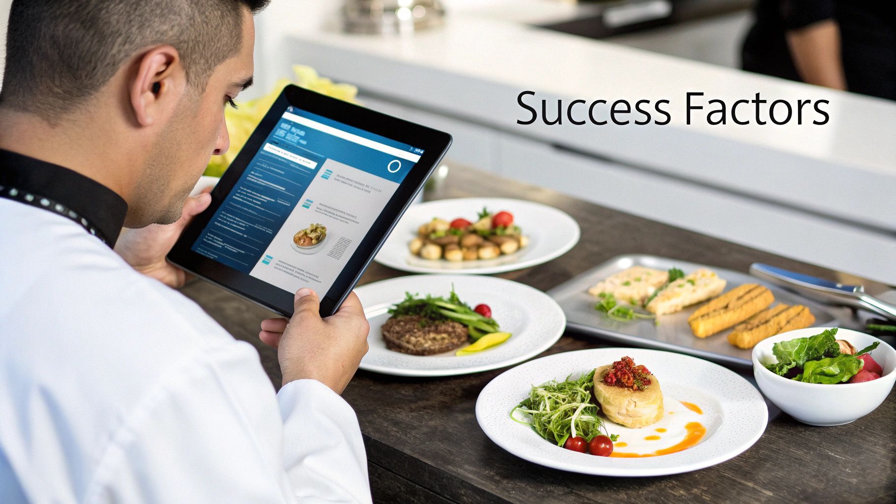 Several successful-looking chefs collaborating in a commercial kitchen environment