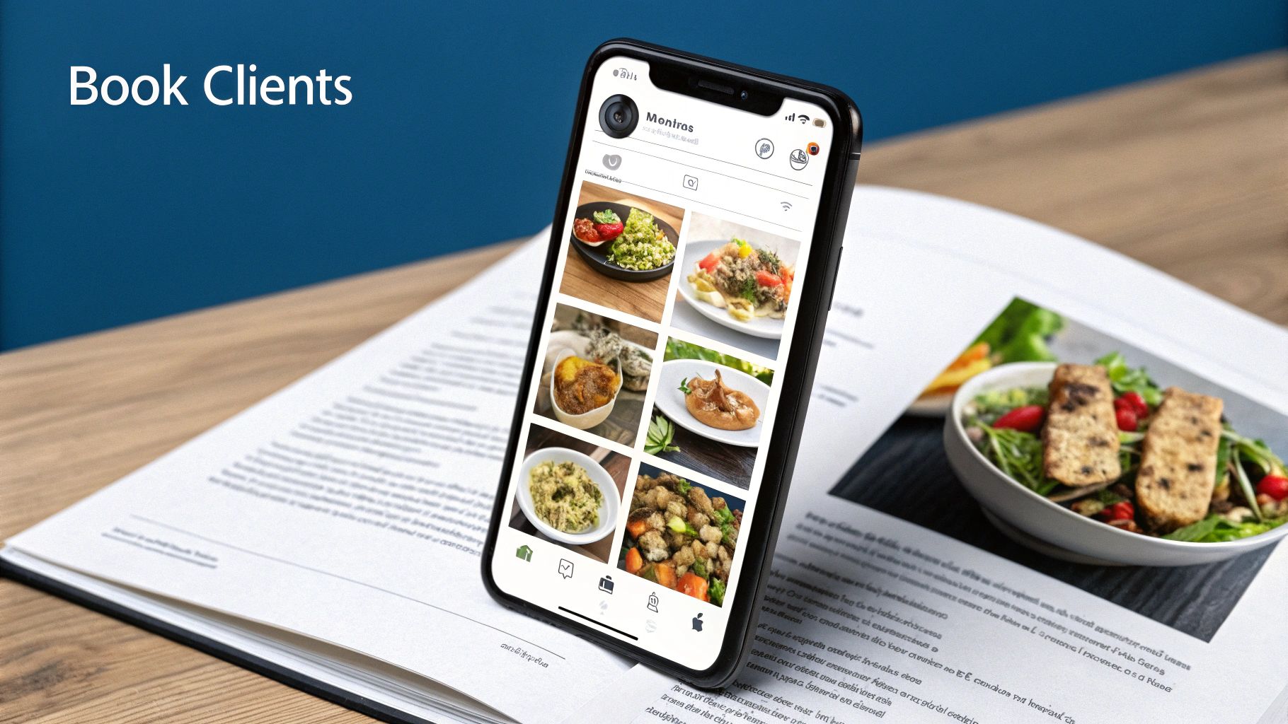 A smartphone displaying a food-focused social media app rests on an open cookbook, with 'Book Clients' text.