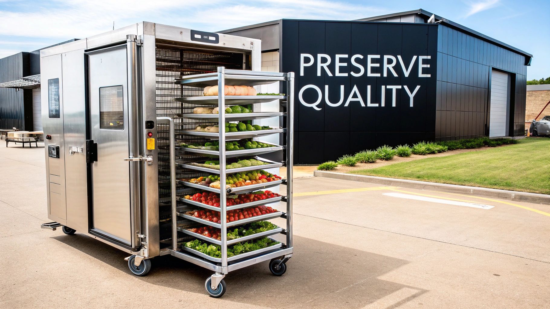A sleek commercial blast chiller with its door open, showing stainless steel racks inside, ready for food trays.