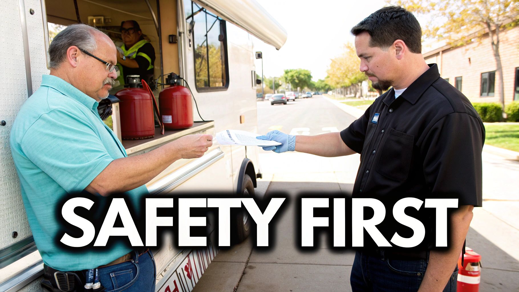 Two men exchanging documents next to a service vehicle with red propane tanks, emphasizing safety.