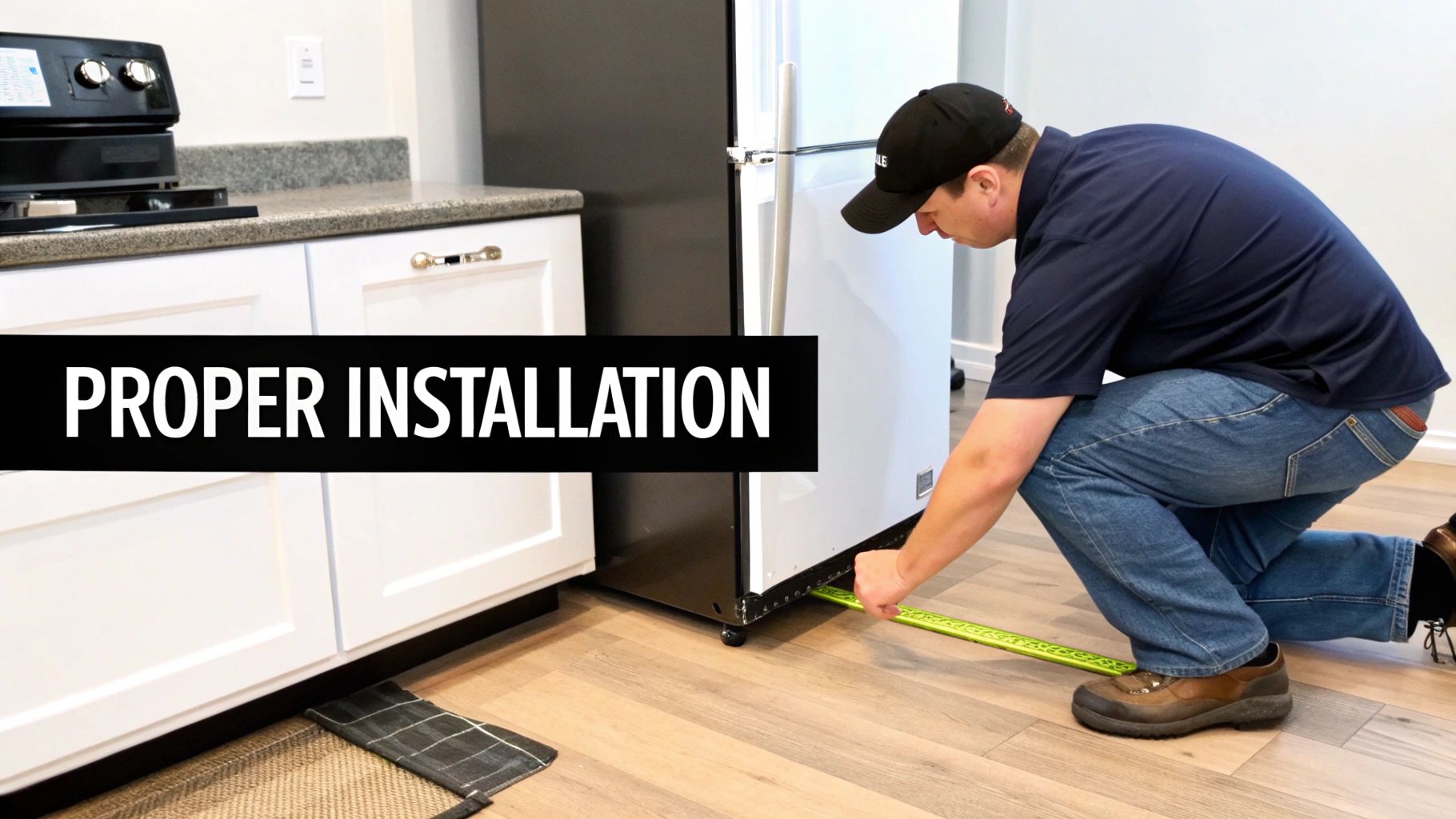 A man in a baseball cap and jeans crouches to measure the bottom of a refrigerator during installation.