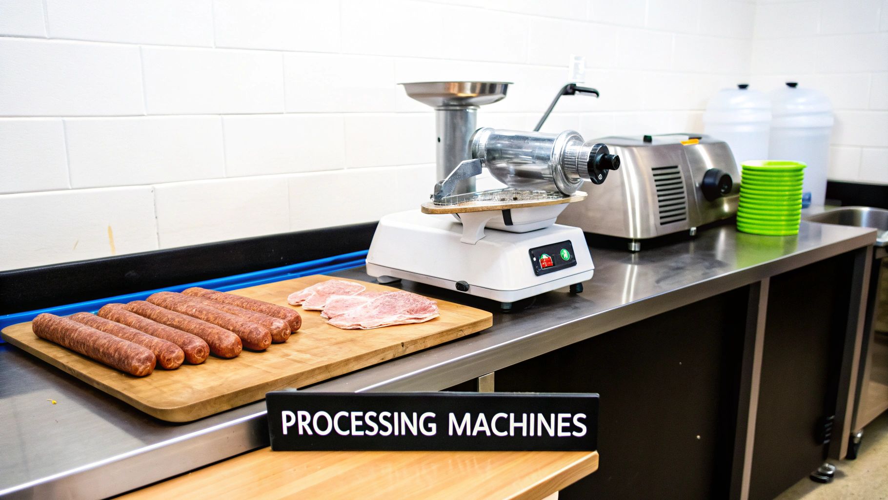 Meat processing equipment, including a sausage stuffer and grinder, with fresh sausages and raw pork on a cutting board.