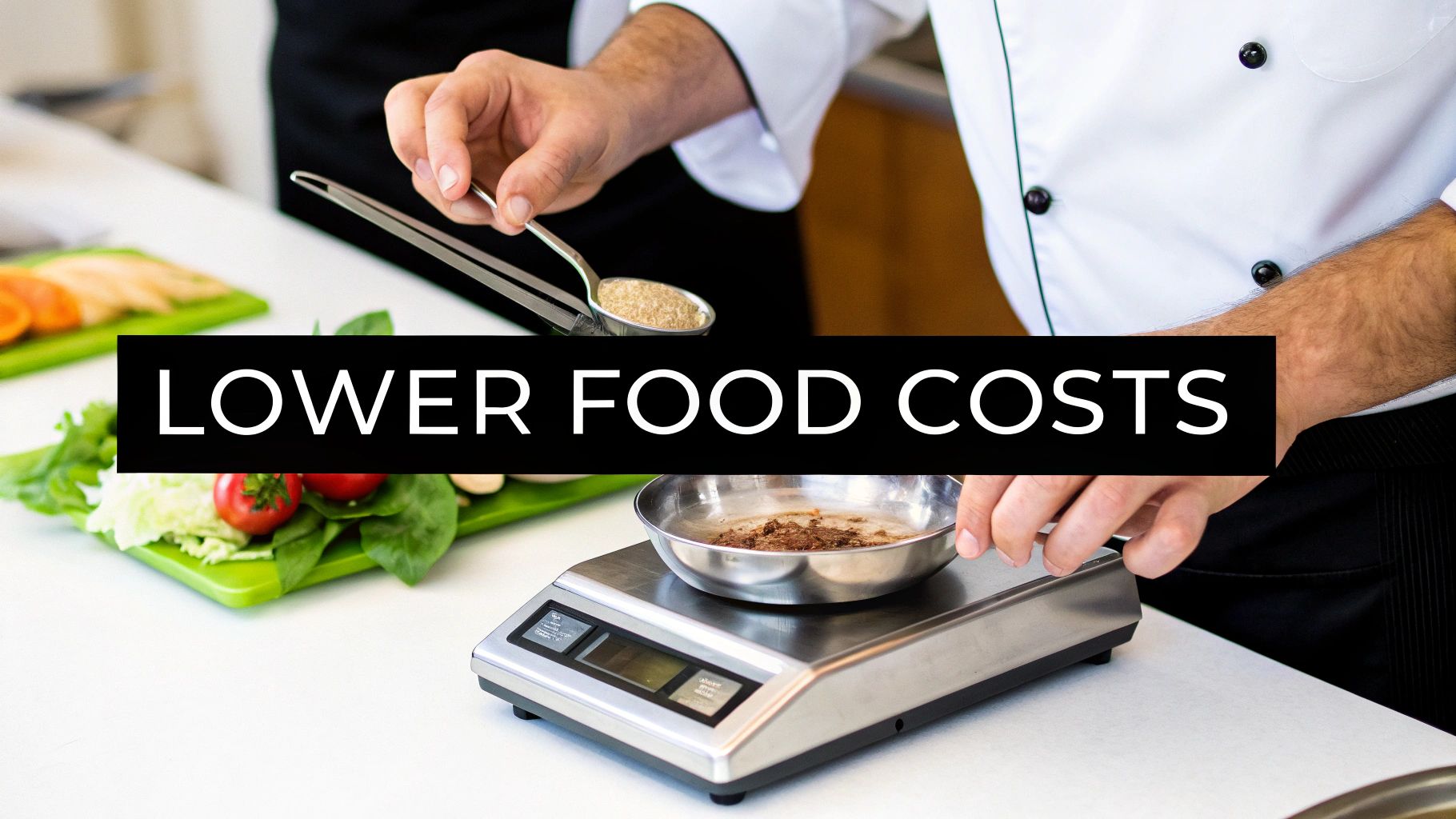 A chef precisely measures ingredients on a digital scale, illustrating methods to lower food costs.