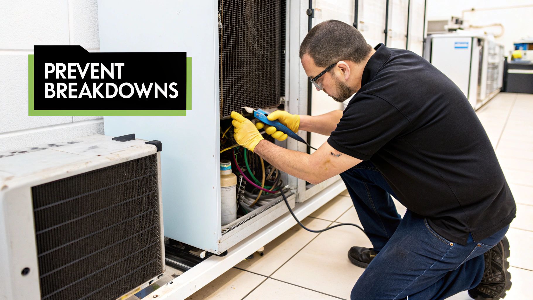 Man in yellow gloves and safety glasses repairs the internal components of a commercial refrigeration unit.