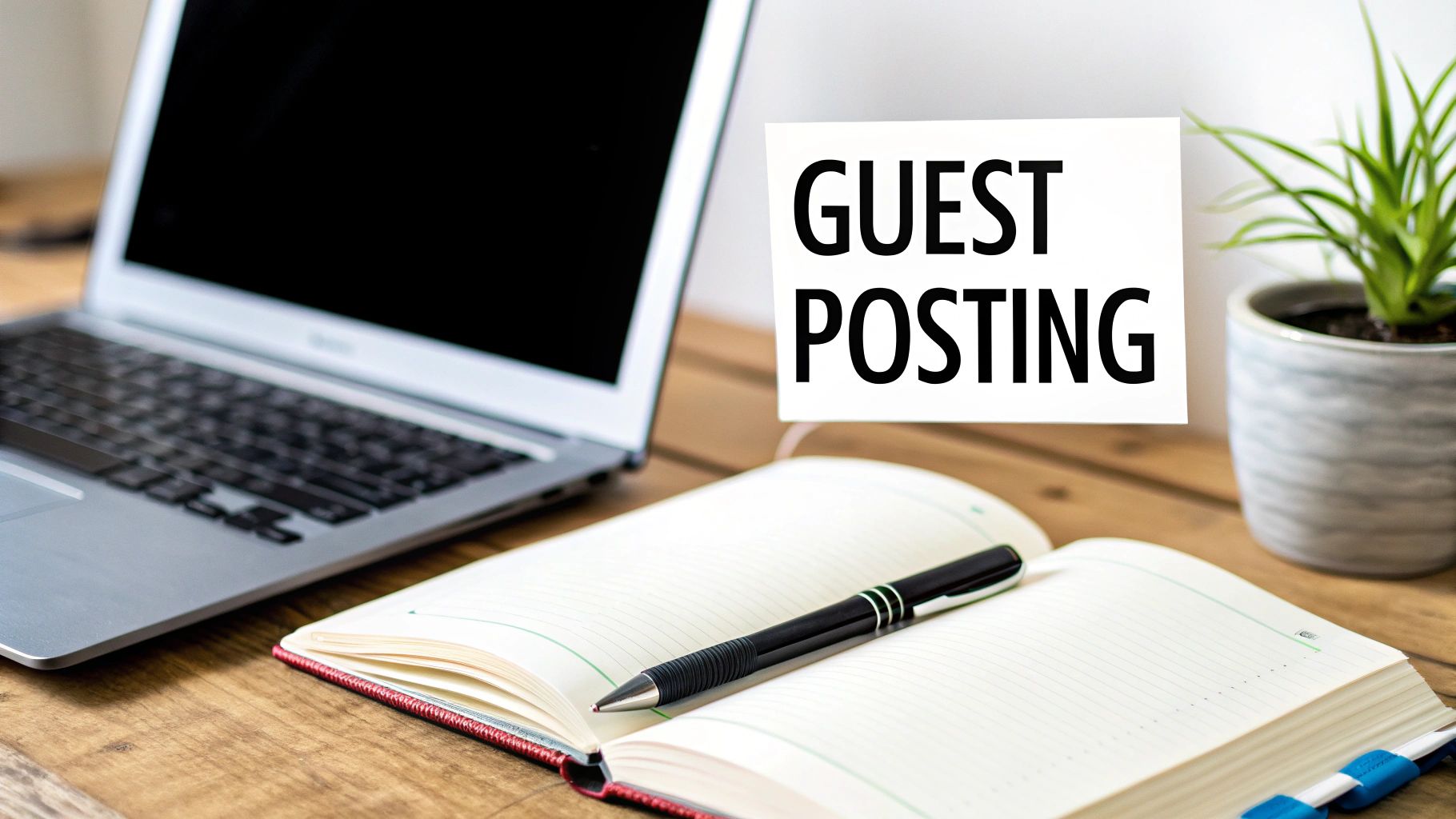 A desk with a laptop, open notebook, and a card displaying 'GUEST POSTING' next to a potted plant.