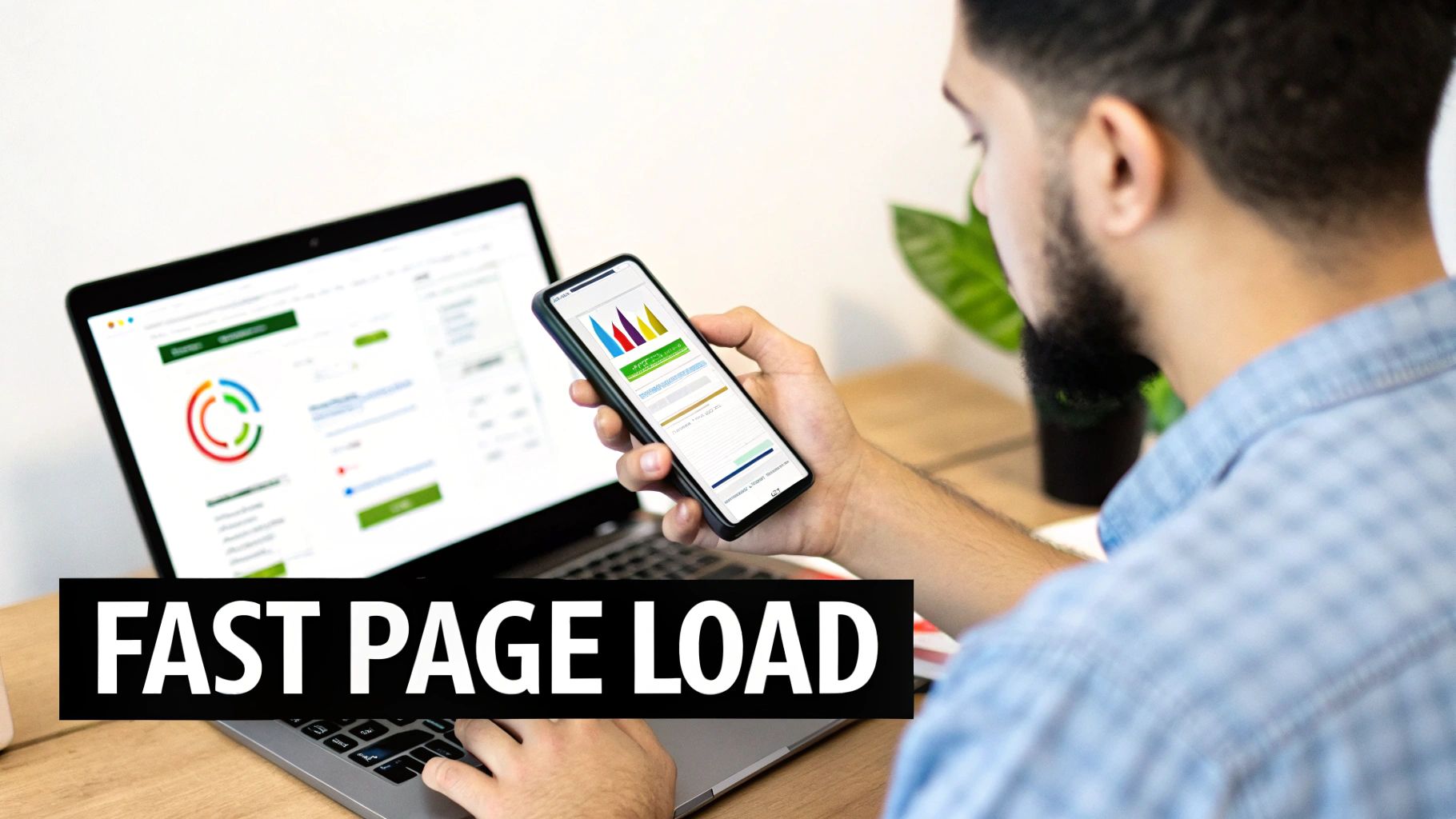 Man analyzes website speed metrics on a laptop and smartphone, optimizing for fast page load.