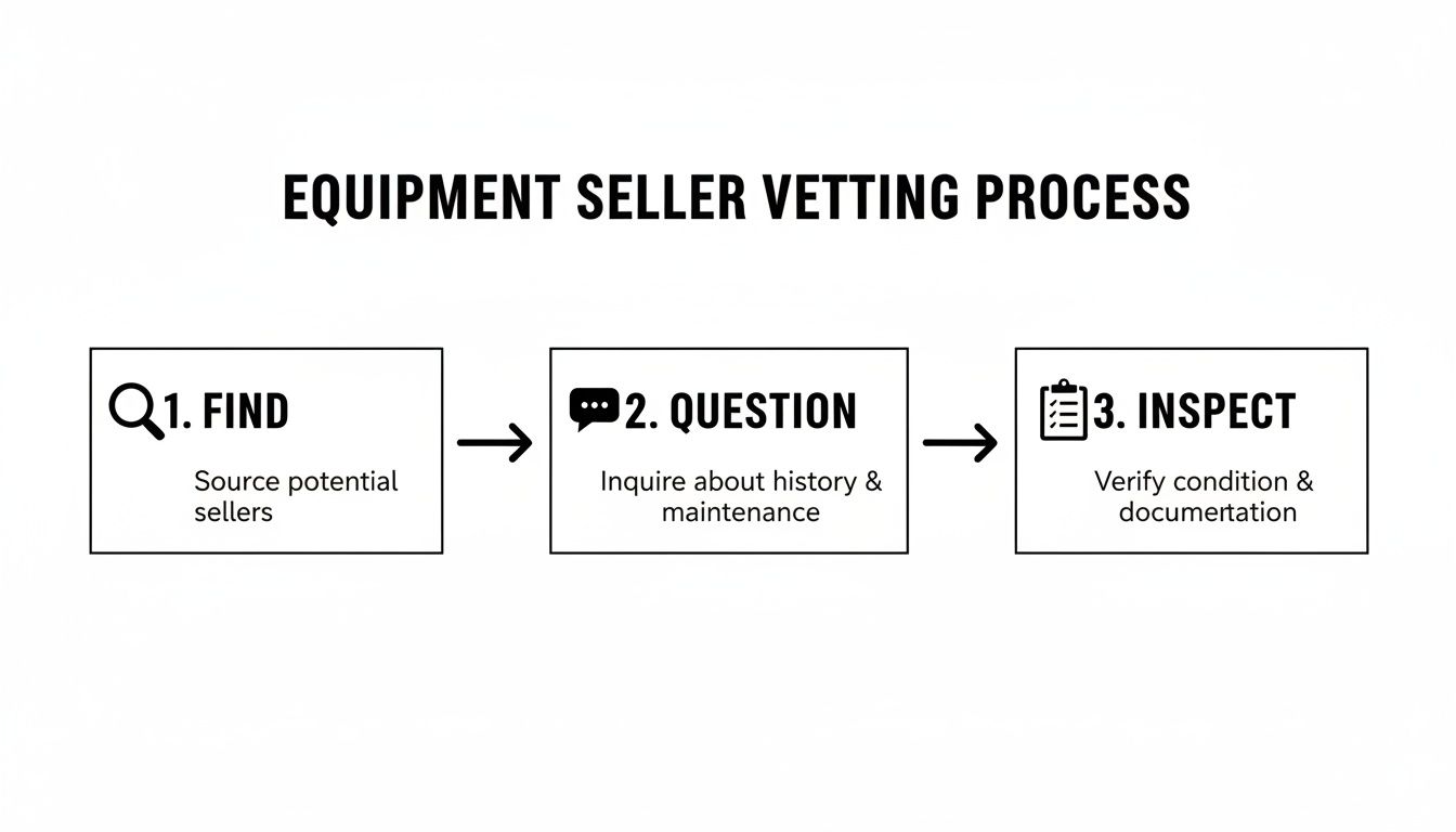 A flowchart illustrating the equipment seller vetting process with three steps: Find, Question, and Inspect.