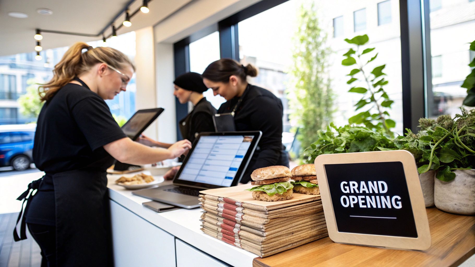 Three female staff members working at the counter of a new cafe during its grand opening.