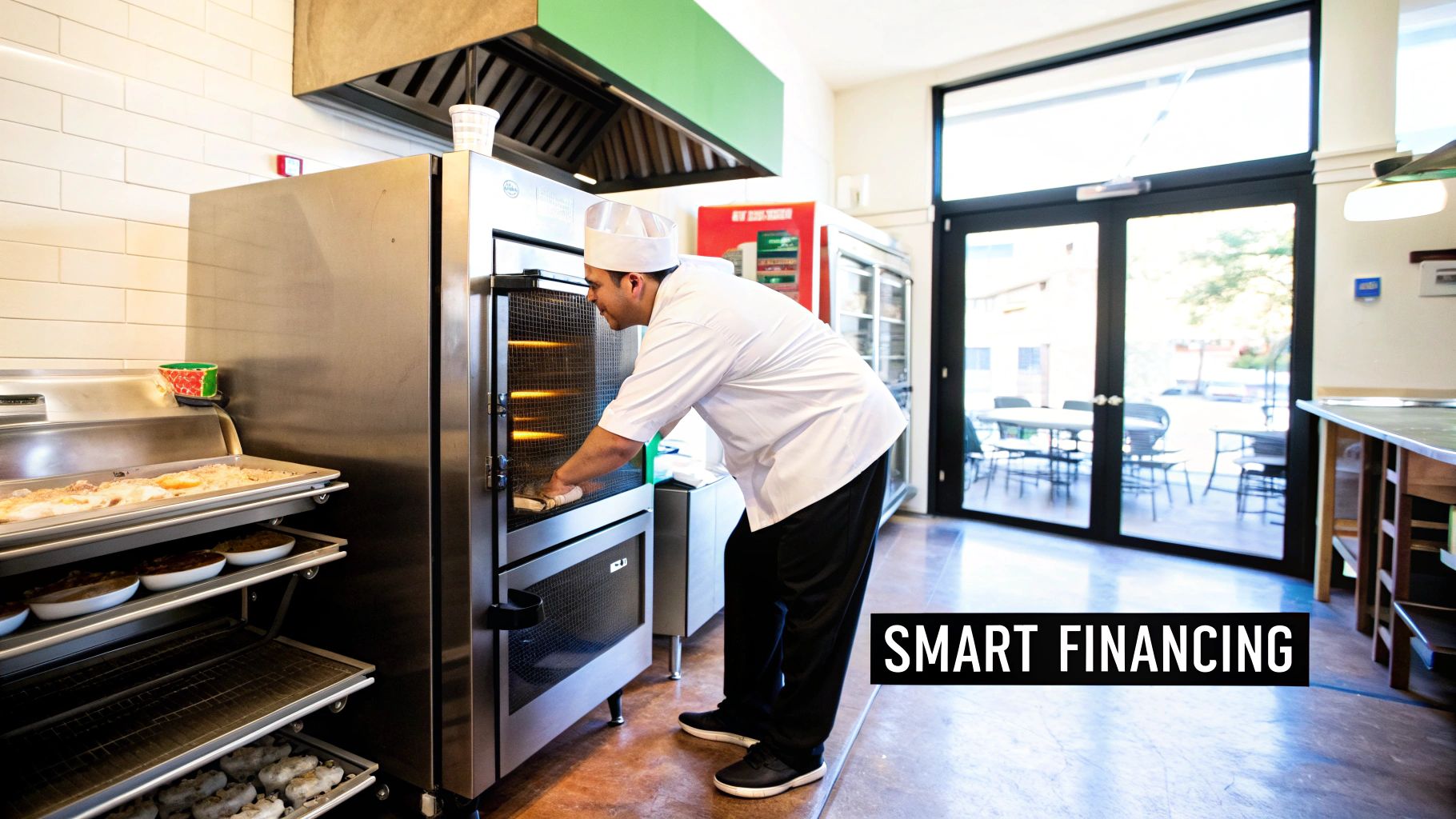 A chef in a white uniform places food into a commercial oven in a busy restaurant kitchen.