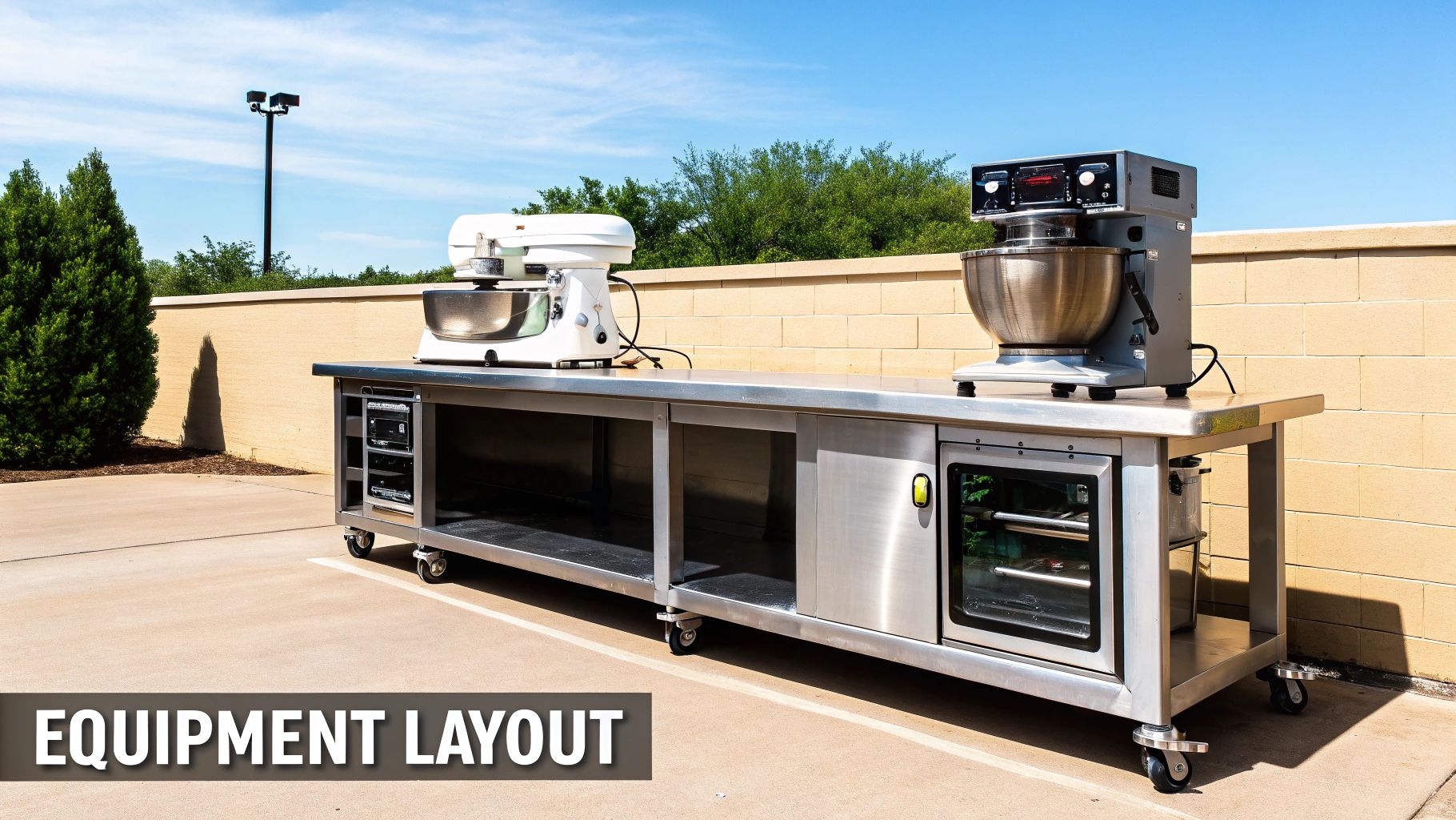 Two commercial stand mixers and an oven on a mobile stainless steel kitchen prep table.