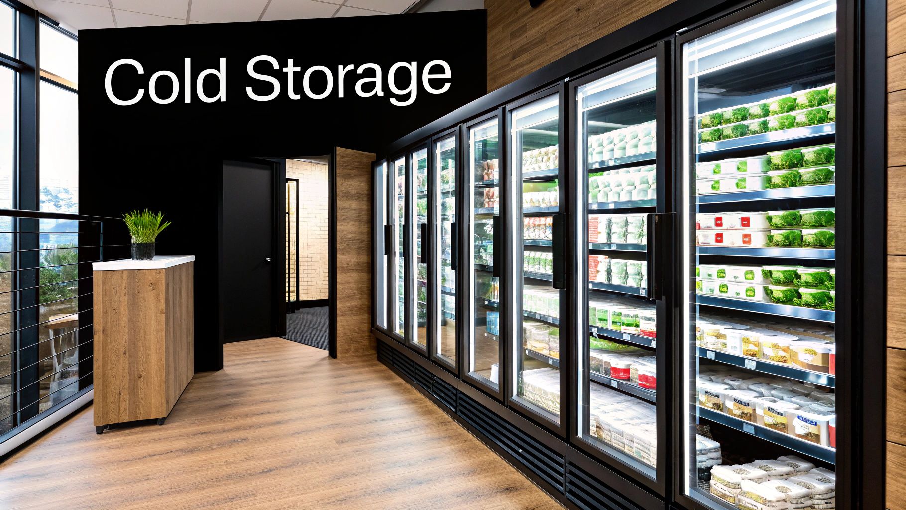 A long row of commercial glass-door refrigerators stocked with fresh food in a modern cold storage area.