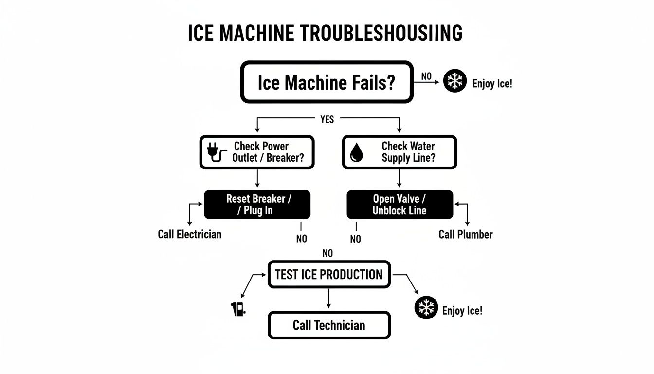 Flowchart illustrating steps to troubleshoot an ice machine, covering power, water supply, and testing.