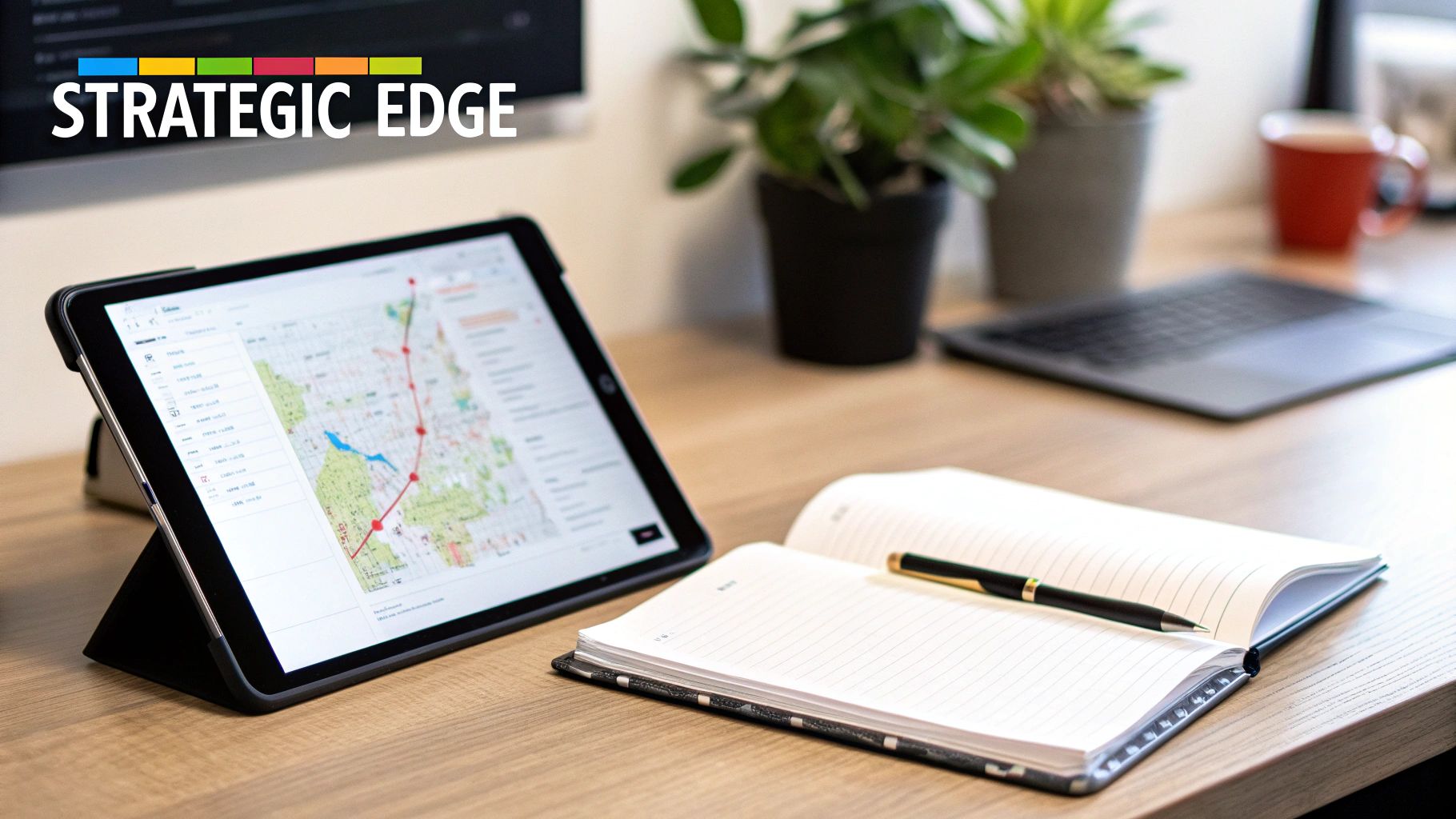 Strategic Edge logo above a modern workspace with a tablet displaying a map, open notebook, and laptop.