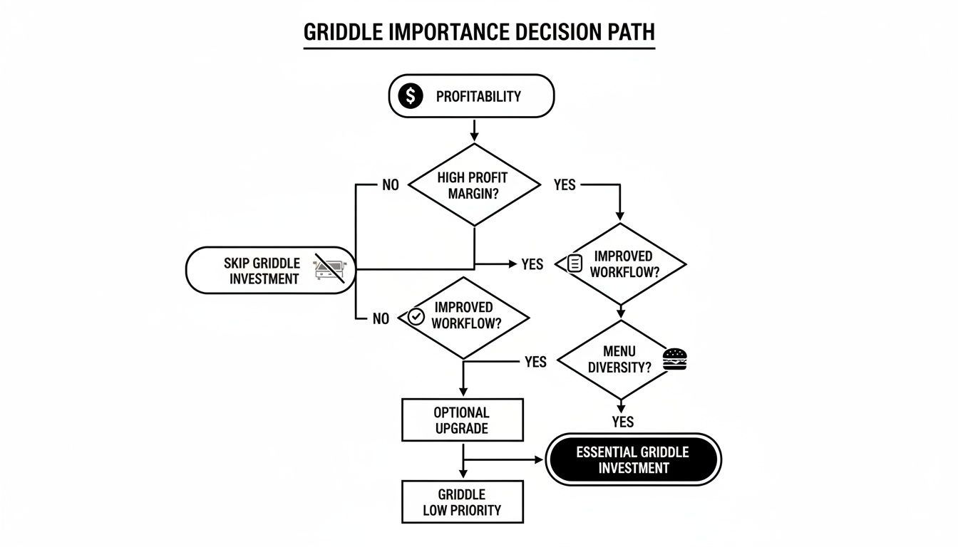 Flowchart illustrating a griddle importance decision path based on profitability, workflow, and menu diversity.