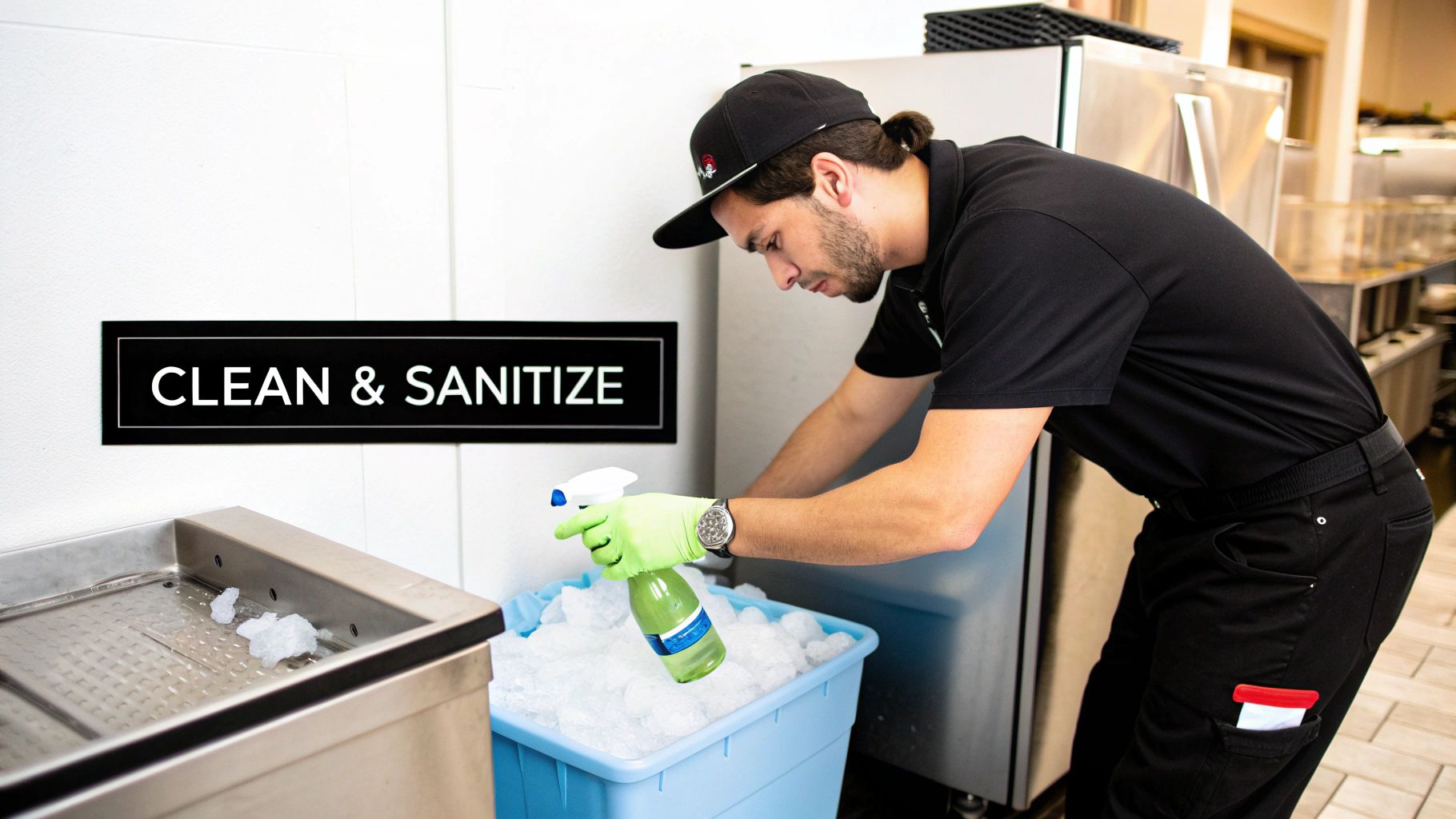 A kitchen worker in a black uniform, cap, and green gloves sanitizes an ice bin with a spray bottle next to a "Clean & Sanitize" sign.