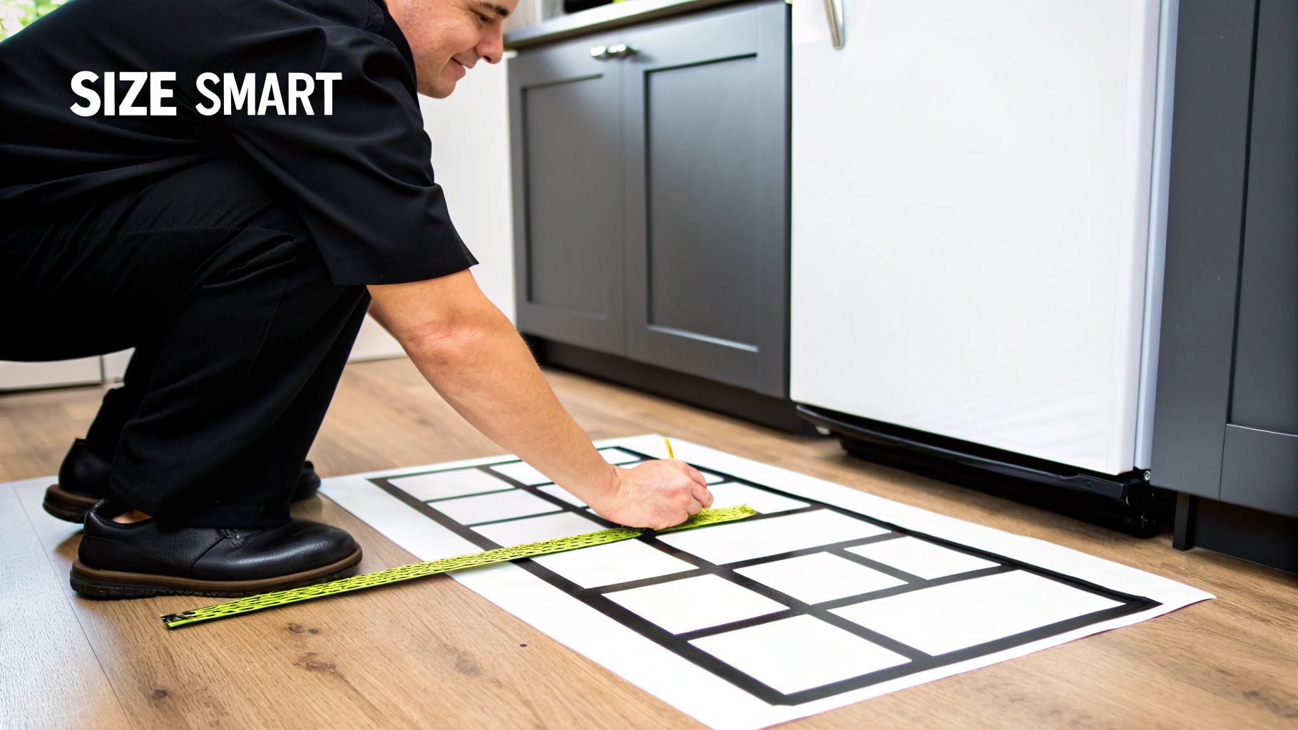 A person measures a grid pattern on the floor with tape, planning for kitchen appliance placement.