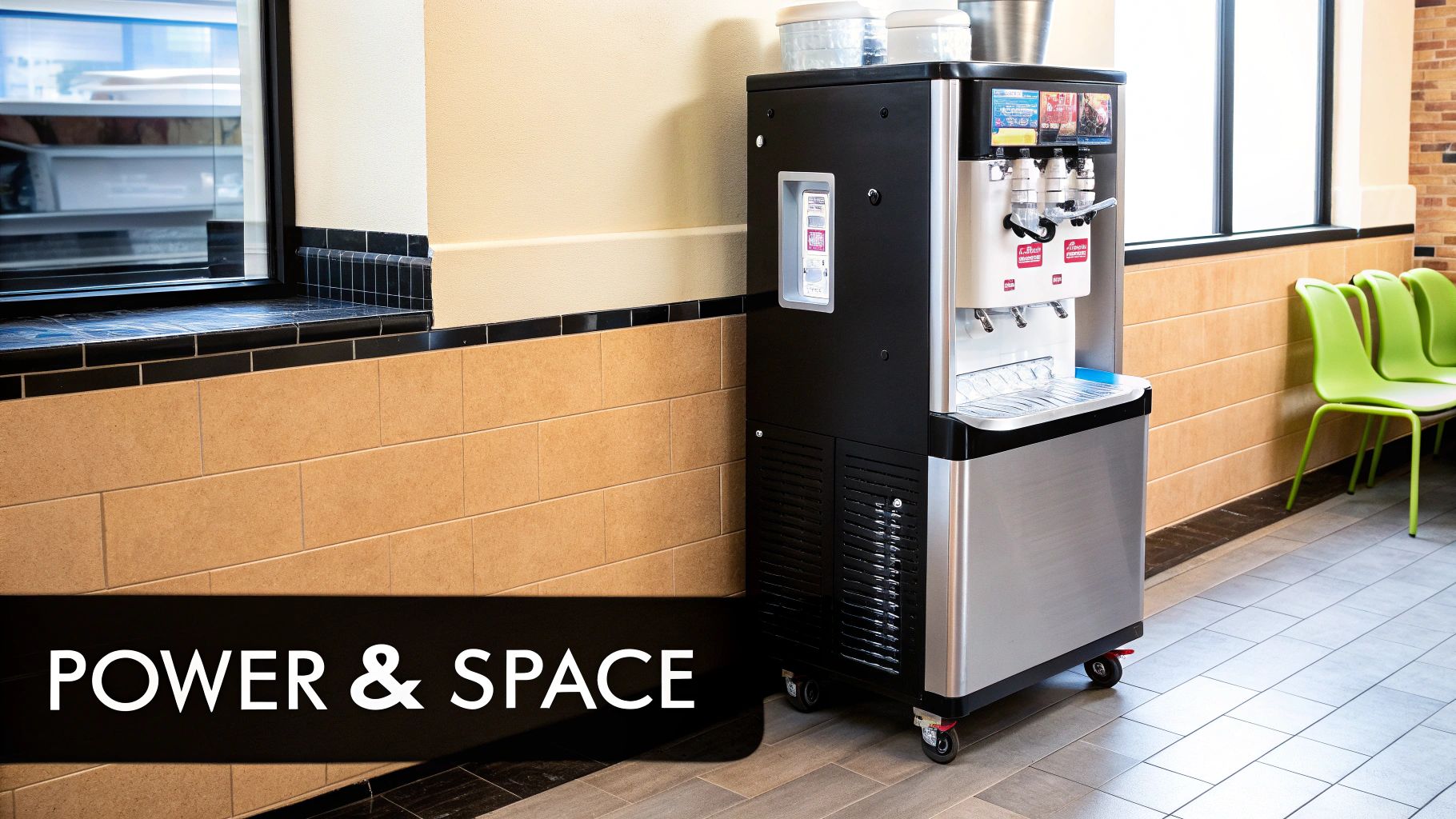 A commercial soft-serve ice cream or beverage machine, black and silver, stands in a bright space.
