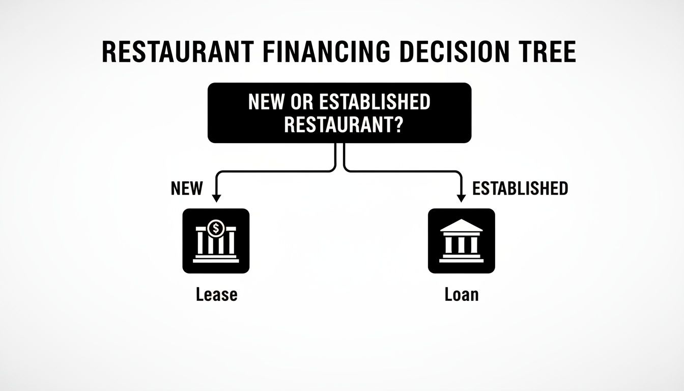 Restaurant financing decision tree shows lease for new, loan for established restaurants.
