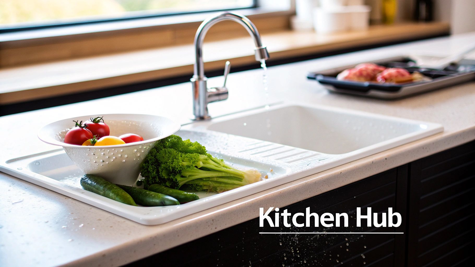 Fresh vegetables and fruit being washed in a modern kitchen sink with a drainboard.