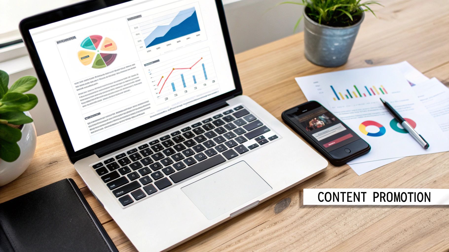 Desk setup with laptop, smartphone, and documents showing charts for content promotion and analytics.