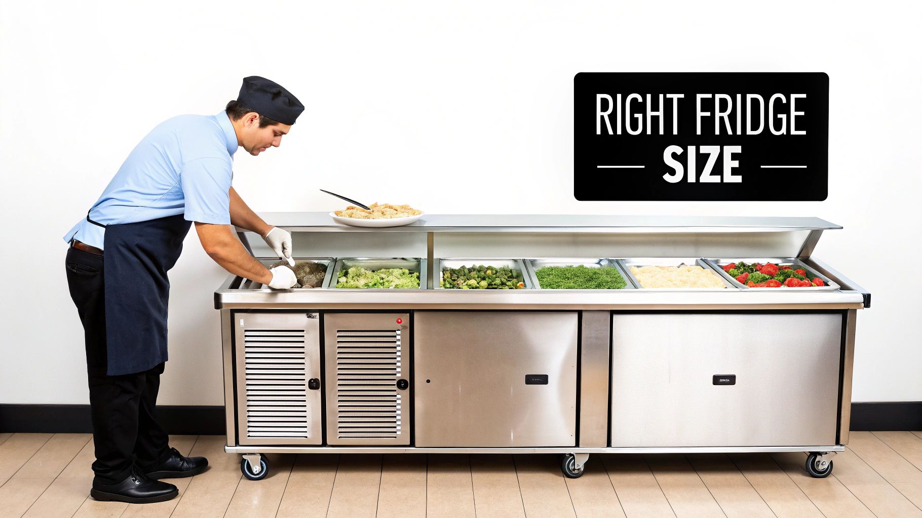 Chef in uniform preparing food at a stainless steel under-counter buffet display with various dishes and a 'Right Fridge Size' sign.