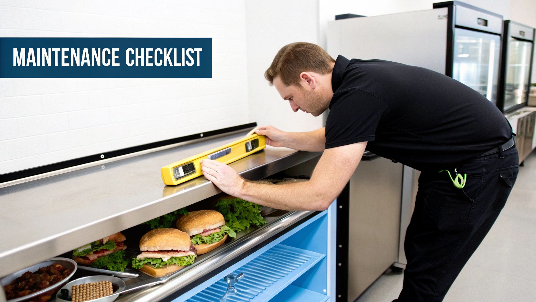 A man uses a level tool on a stainless steel refrigerated prep table with sandwiches, performing maintenance.