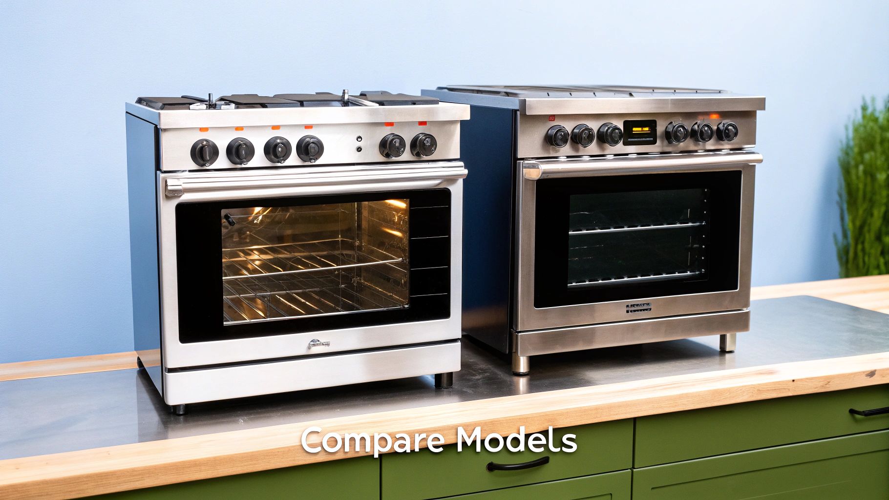 Two sleek stainless steel professional kitchen ranges, one white and one silver, on a kitchen counter.