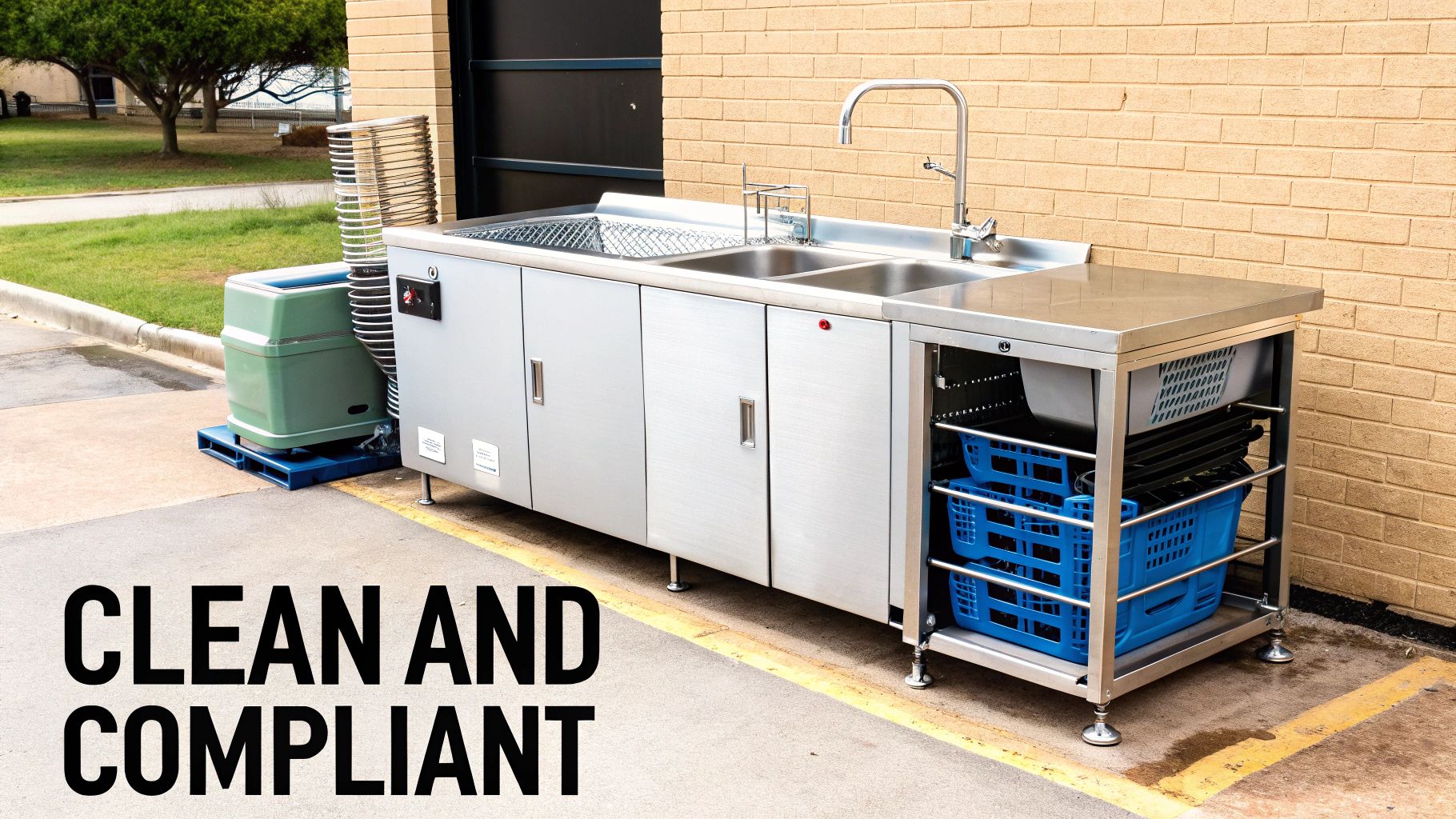 Stainless steel commercial kitchen wash station with multiple sinks and storage baskets outdoors.