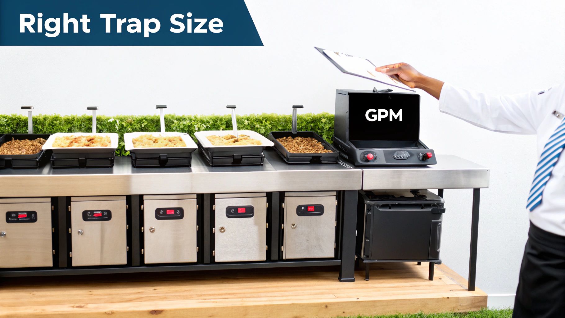 A chef measuring GPM on kitchen equipment to determine the right grease trap size.