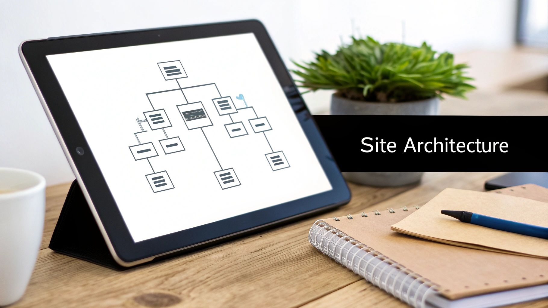Tablet displaying hierarchical site architecture flowchart diagram on wooden desk with notebook and plant