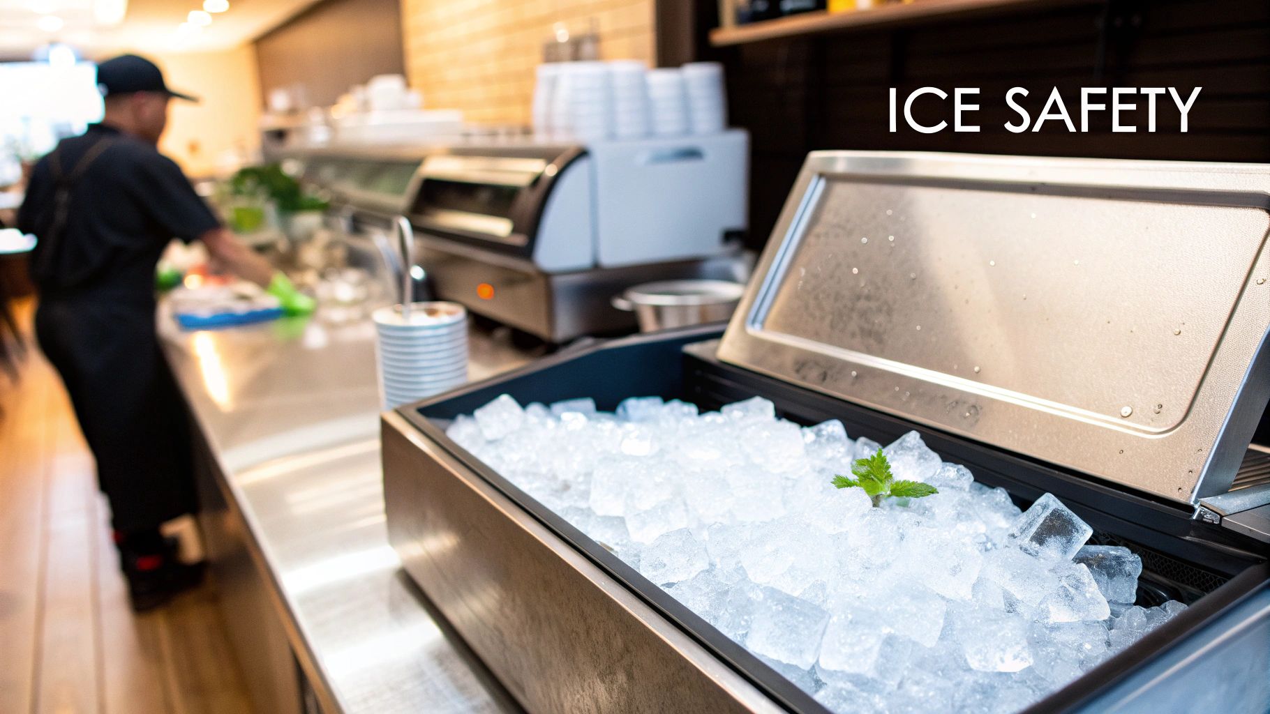 An open ice bin filled with fresh ice cubes and a mint leaf in a commercial kitchen.