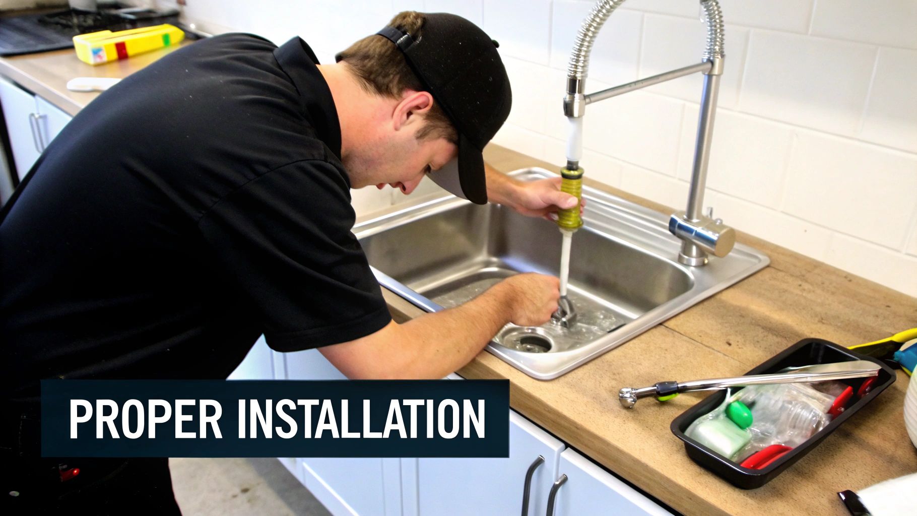 A man in a black shirt and cap installs a kitchen sink faucet, with tools on the countertop.