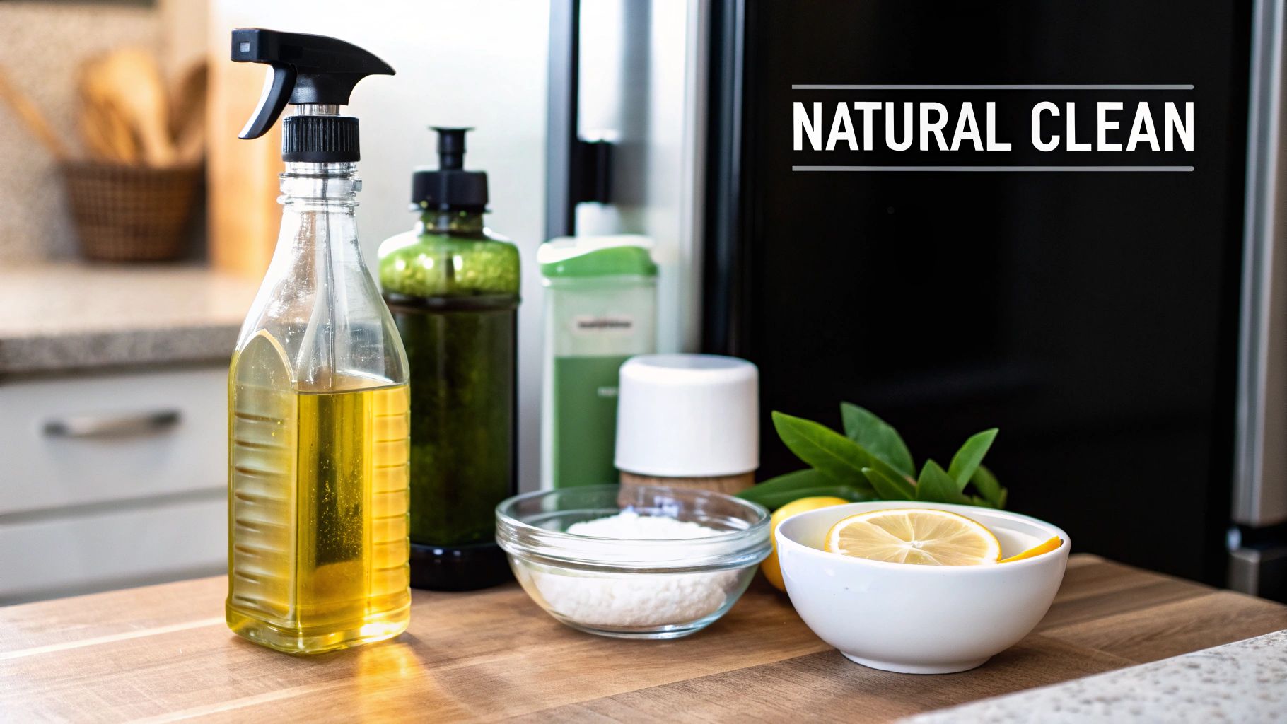 A spray bottle of vinegar and a microfiber cloth next to a stainless steel refrigerator