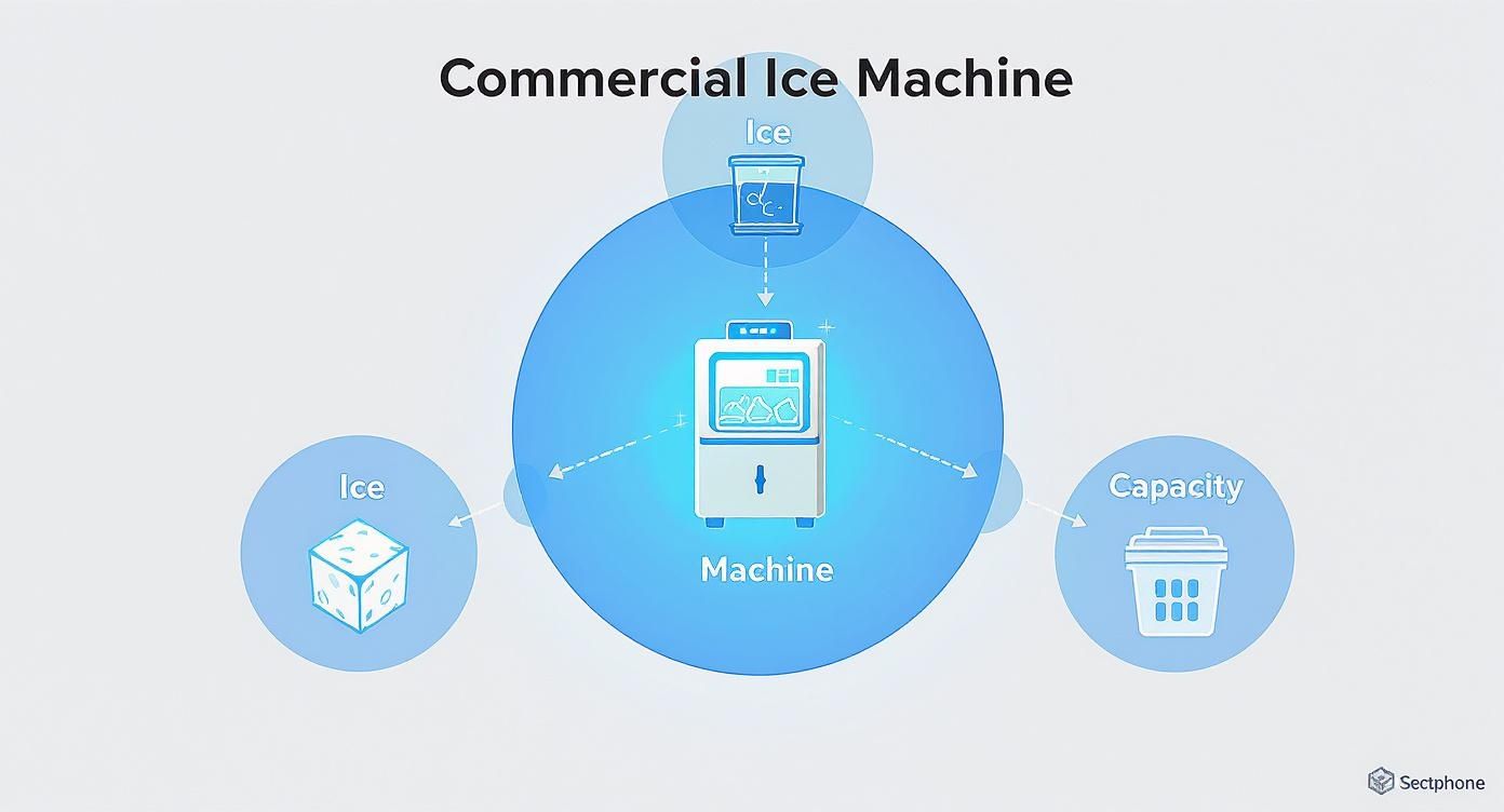 A blue diagram illustrating a commercial ice machine's process: water in, ice out, and storage.