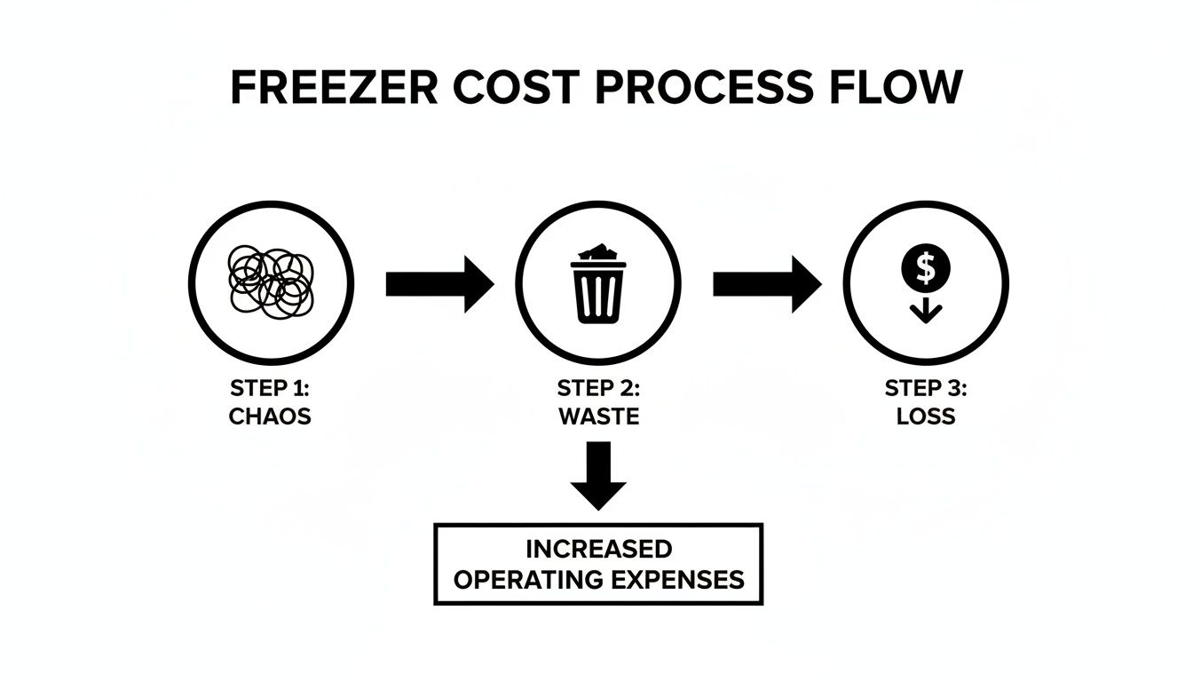 Flow chart illustrates how freezer chaos leads to waste, loss, and increased operating expenses.