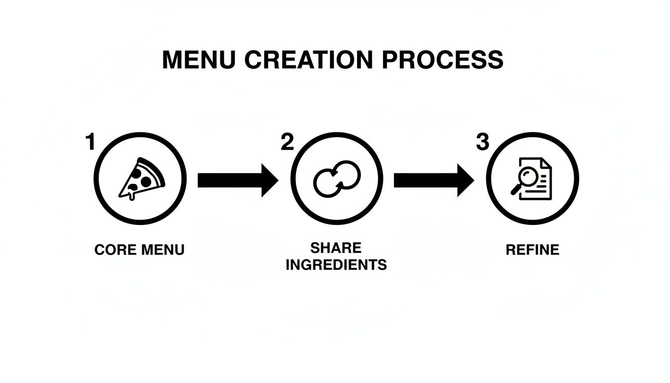 A flowchart illustrates the three-step menu creation process: Core Menu, Share Ingredients, Refine.