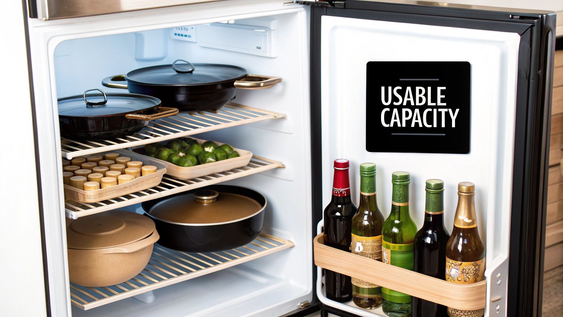An open white refrigerator showcasing its interior with pots, containers, and bottles on wooden shelves, highlighting usable capacity.