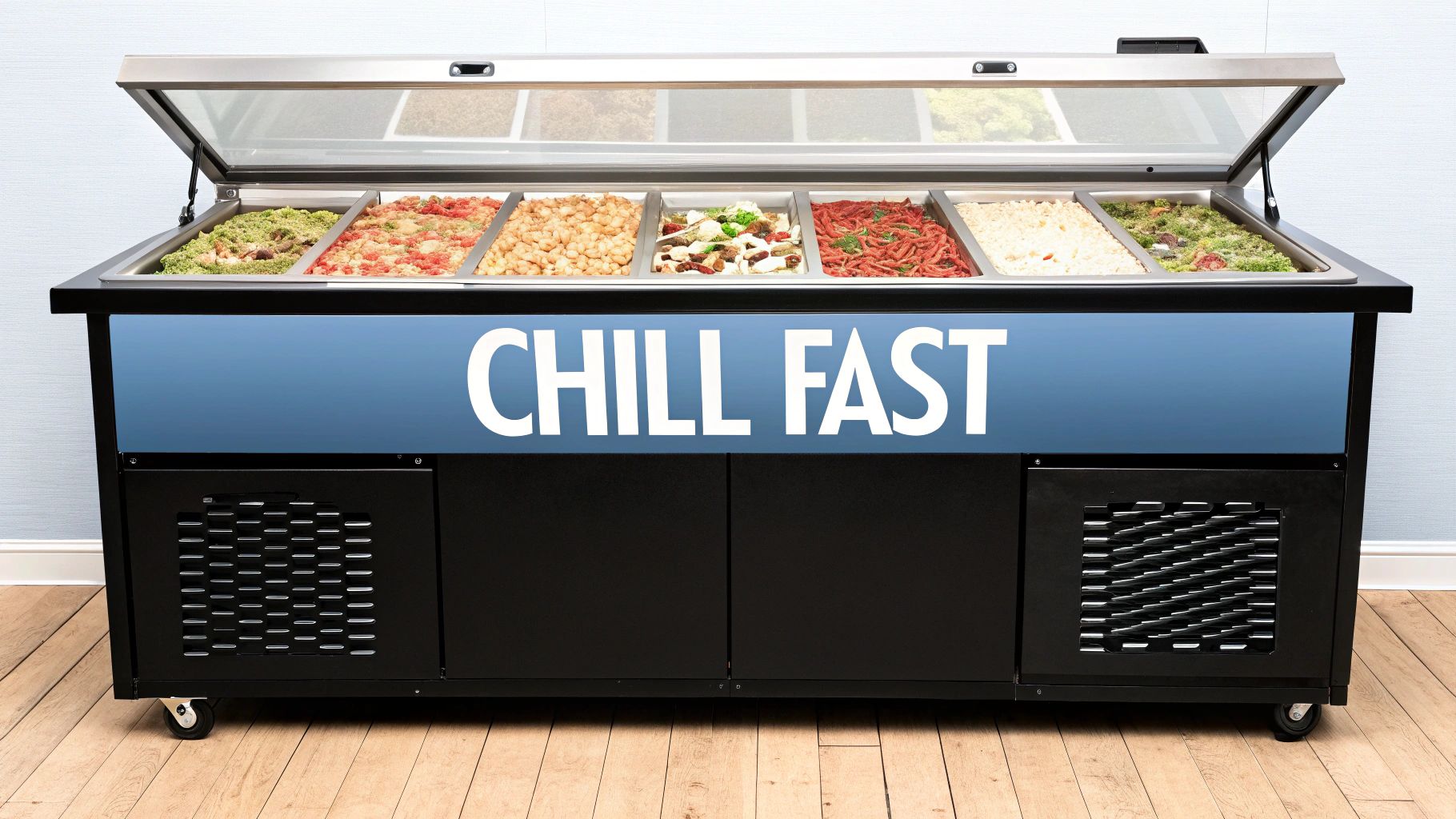 An employee reaching into a refrigerated stainless steel prep table for fresh pizza ingredients.